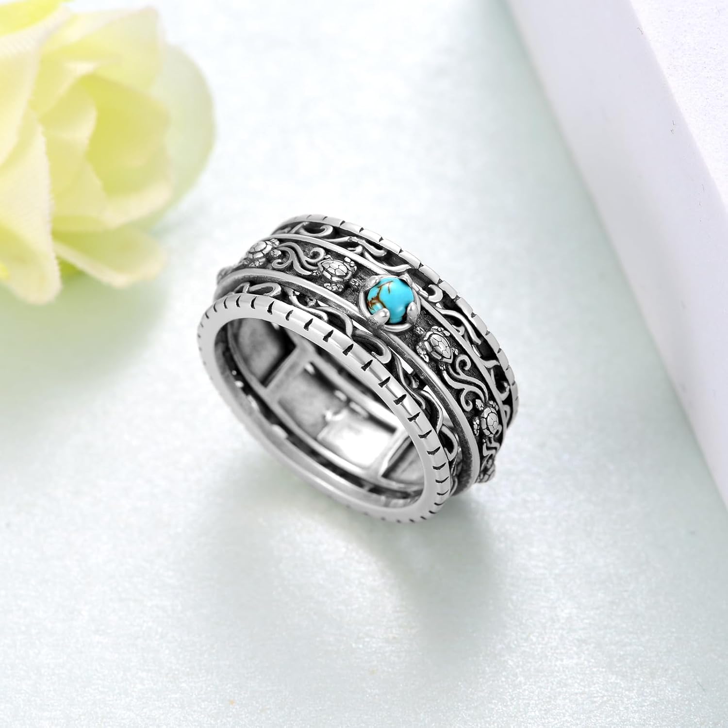 Genuine Turquoise Rings for Women 925 Sterling Silver Sea Turtle Spinner Ring Fidget Rings for Anxiety Nature Real Turquoise Jewelry for Women - Image 3