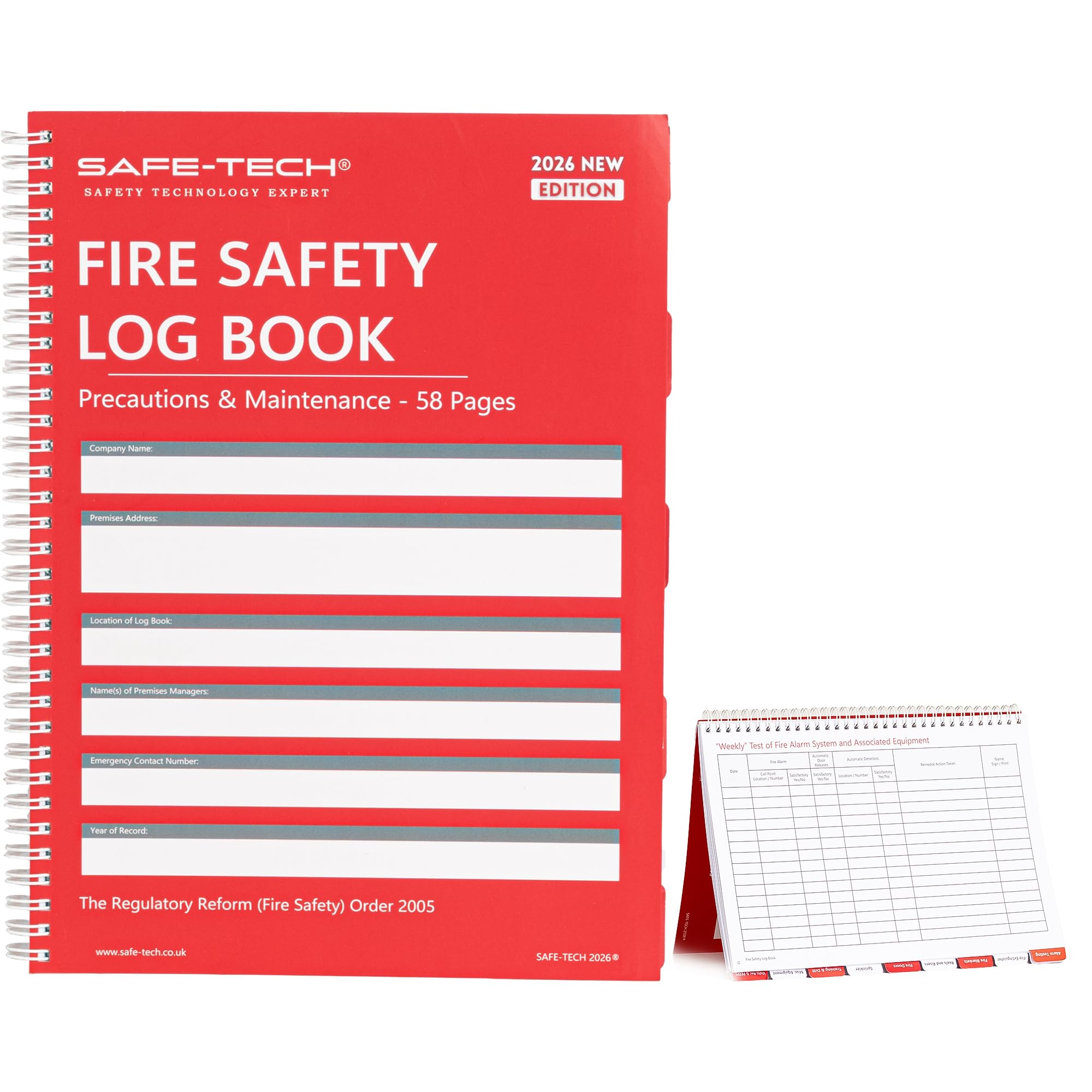SAFE TECH 2026 Version Fire Safety Logbook A4 Size 58 Pages, Including Miscellaneous Test, Schedule of People with Peeps, Fire Alarms Log Book for Property Management, Regulatory Reform (Fire Safety)