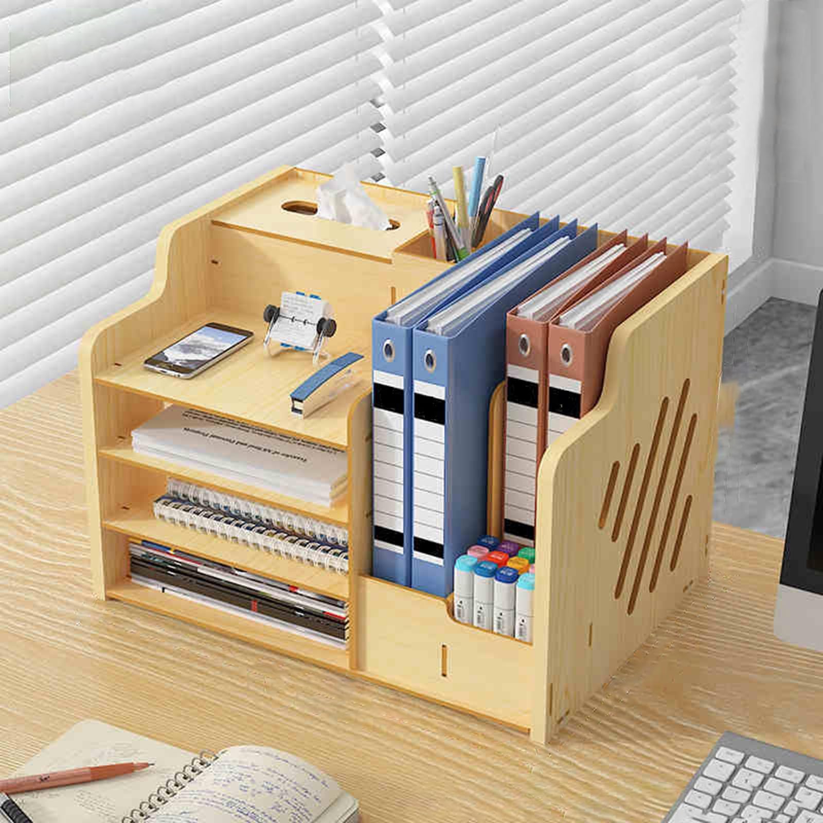 Organizer Scrivania Legno, Multifunzione Organizer da Scrivania, con Scomparti Organizzatore Ufficio, Porta Penne per Scrivania Multifunzione(Light brown)