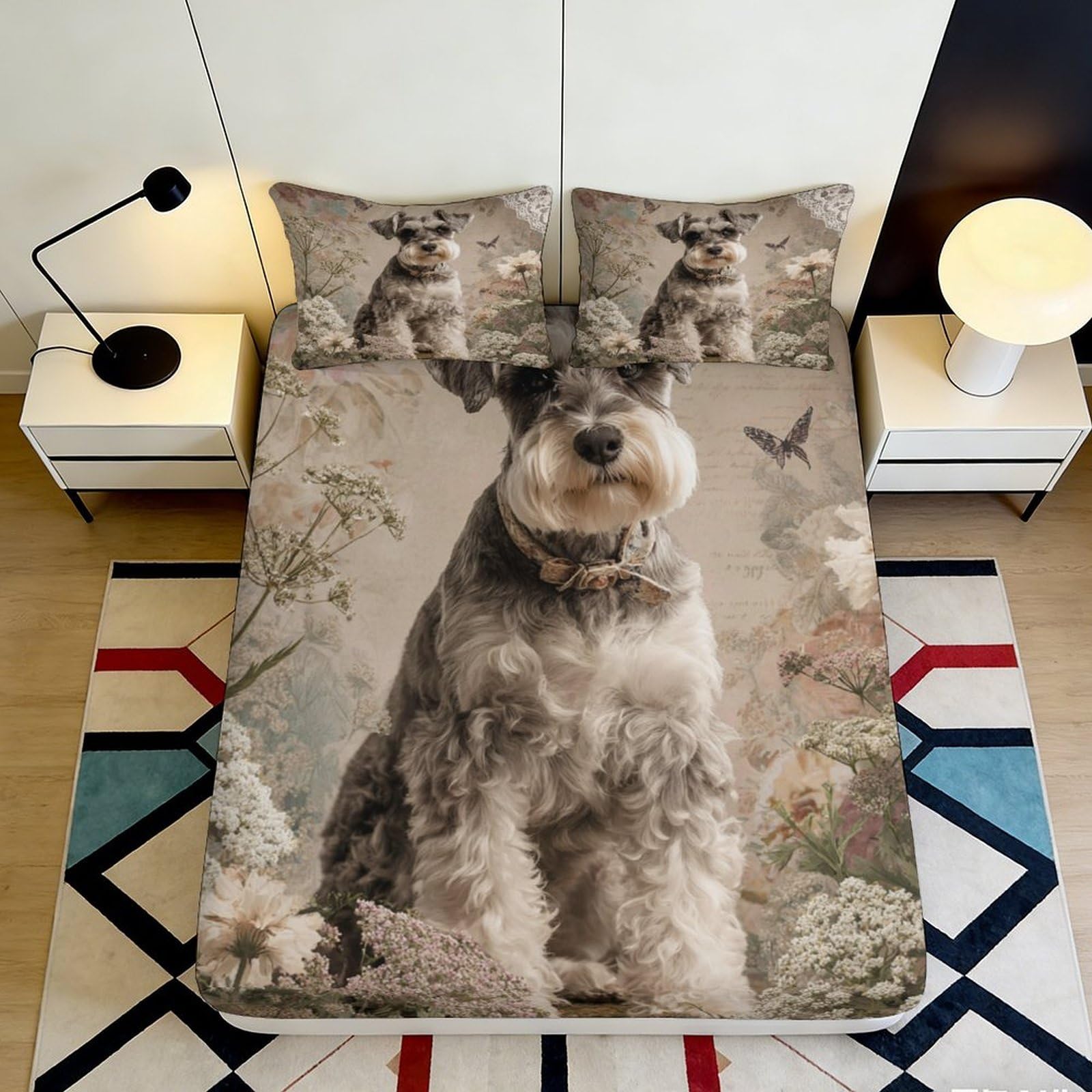 3D Printed Schnauzer Dog Fitted Sheet Microfiber Soft Durable Floral Bed Cover for Bedroom Dormitory Guest Room Mattress Protection and Decoration 160x200x25cm