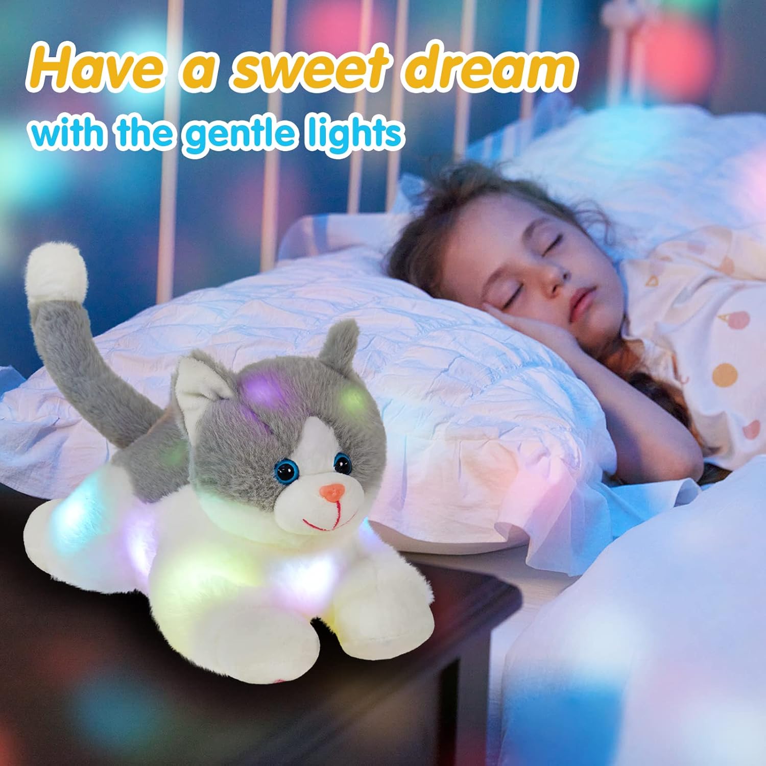 Houwsbaby 15" Gray Light up Kitty Stuffed Animal Cat Floppy LED Plush Toy Kitten Night Lights Glow Pillow Birthday Festival Christmas Halloween Presents for Kids Toddler Girls - Image 4