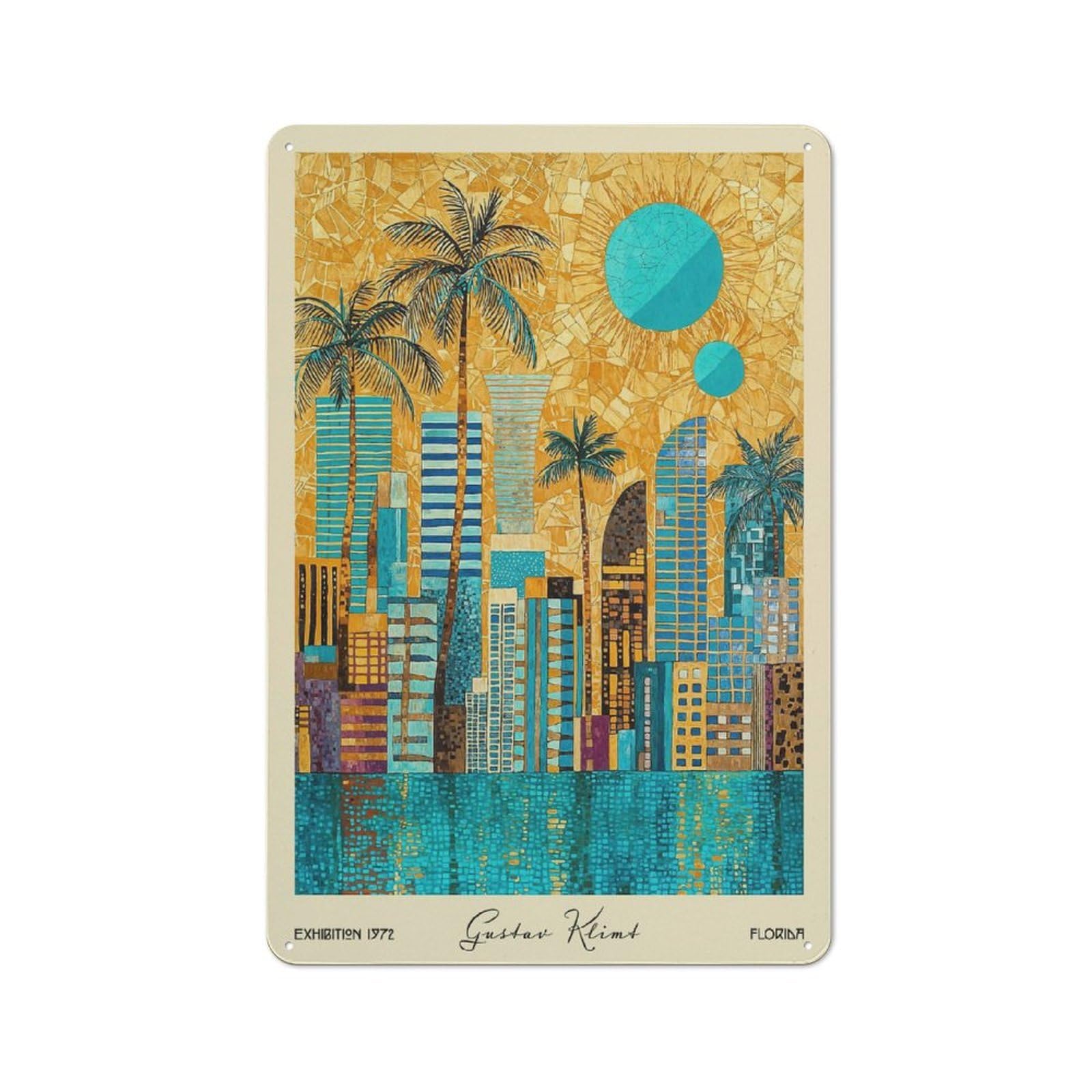 Junmoney Style-24 Metal Wall Sign 30X20cm Featuring Florida Miami Gustav Klimt For Garage Or Workshop, For Garage, Workshop And Man Cave Decoration
