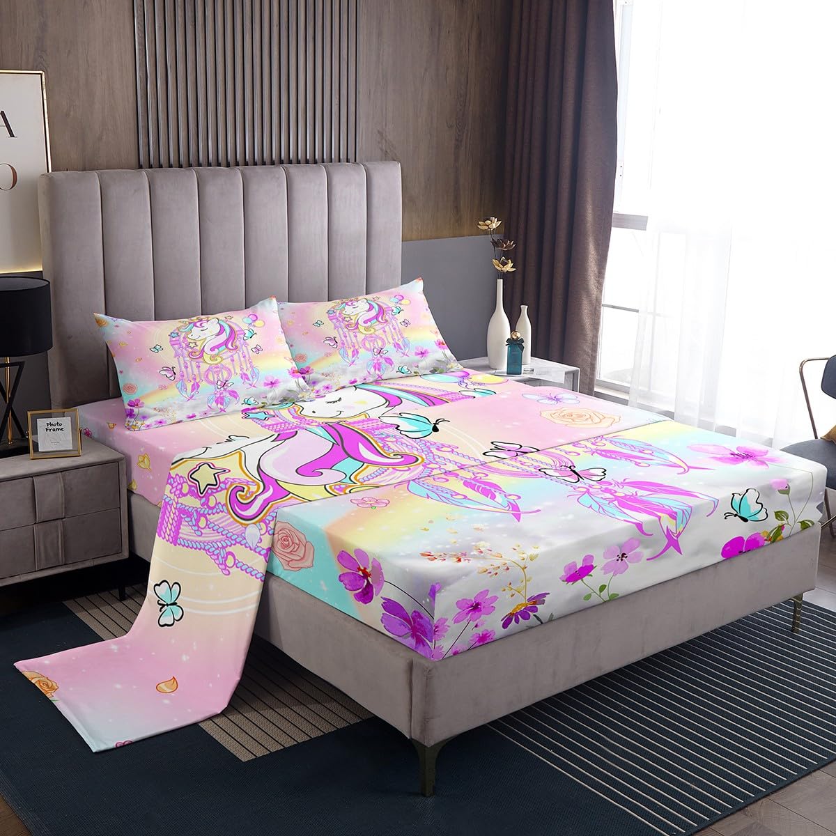 Juego de sábanas de Unicornio para niñas, Juego de sábanas de Unicornio con Bolsillo Profundo, Juego de sábanas de Unicornio para niñas, Juego de Ropa de Cama de fantasía de Estrella arcoíris tamaño
