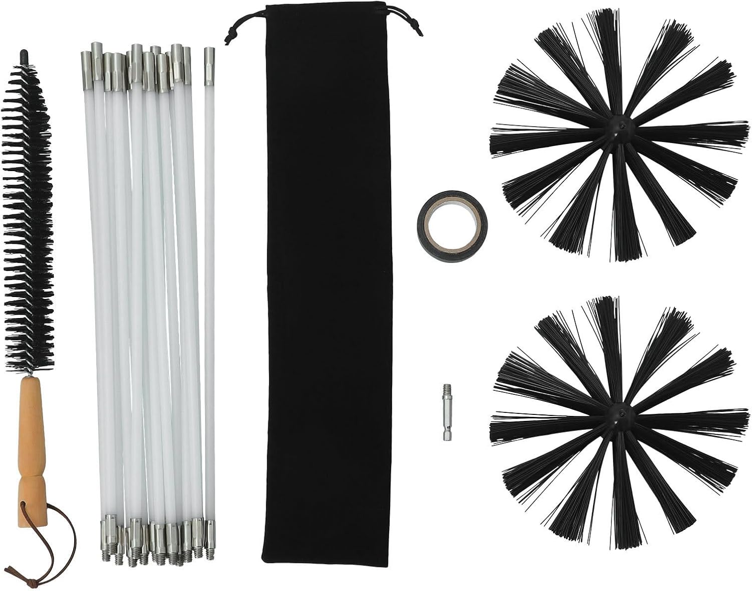 Garneck Chimney Cleaning Tool Kit with Rod, Brush Head, Small Brush, Storage Bag, and Extension Rod for Fireplace Sweeping and Kitchen Exhaust Duct Maintenance with Nylon and Wood