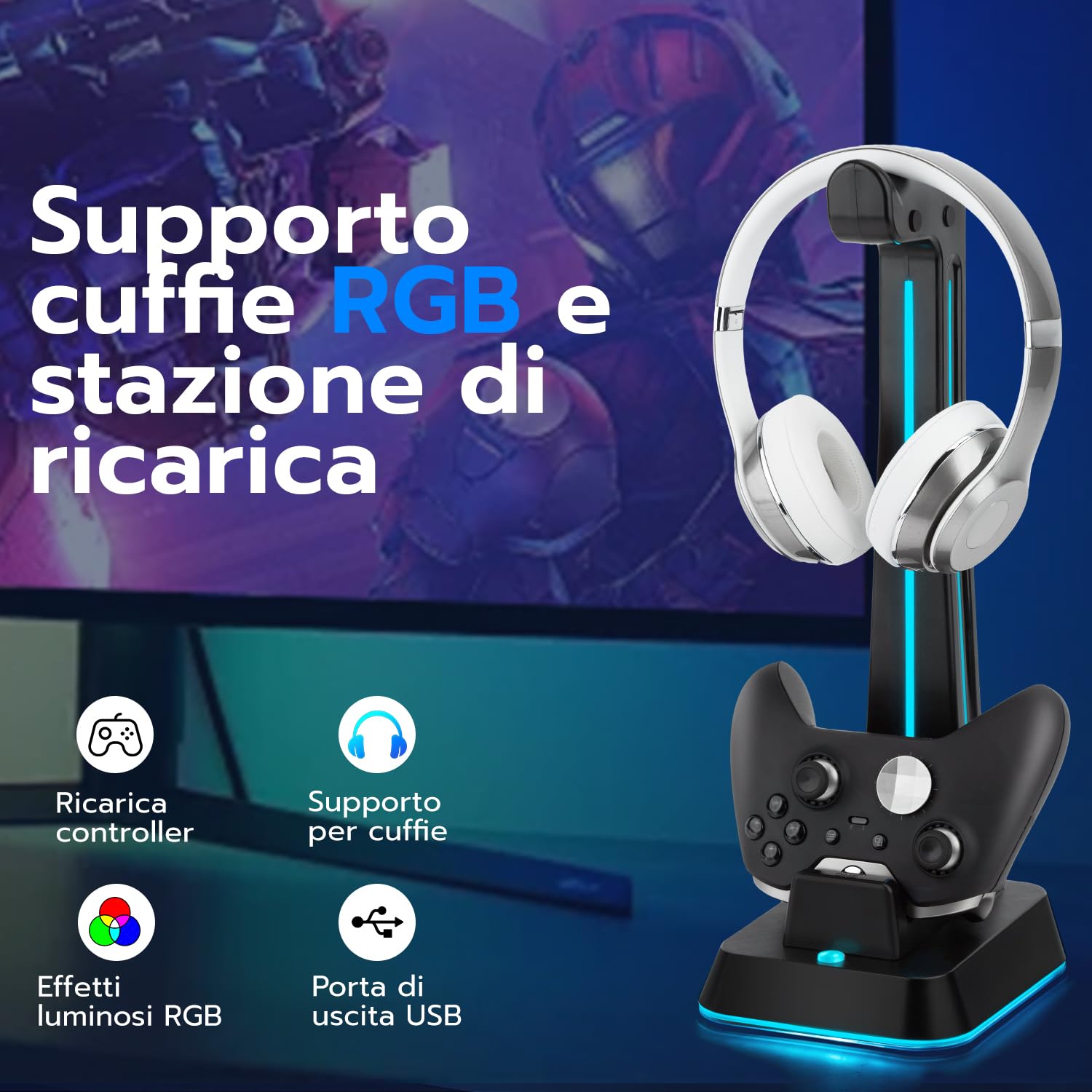 Wigearss Stazione di Ricarica, Caricatore per Xbox Series X/S, Xbox Elite 1/2, Xbox One, Xbox One X/S Controller DualSense con Supporto per Cuffie, Illuminazione RGB
