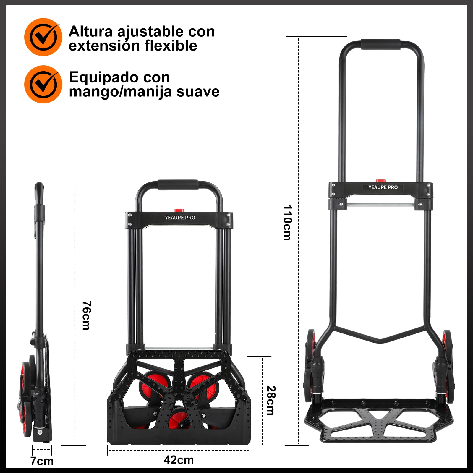 YEAUPE PRO Carretilla Plegable, Carretilla de Mano – Ruedas Grandes TPR Reforzadas, Mango Telescópico Ajustable, Incluye 2 Cuerdas Elásticas, Ideal para Subir y Bajar, 50kg - Sube escaleras – Negro