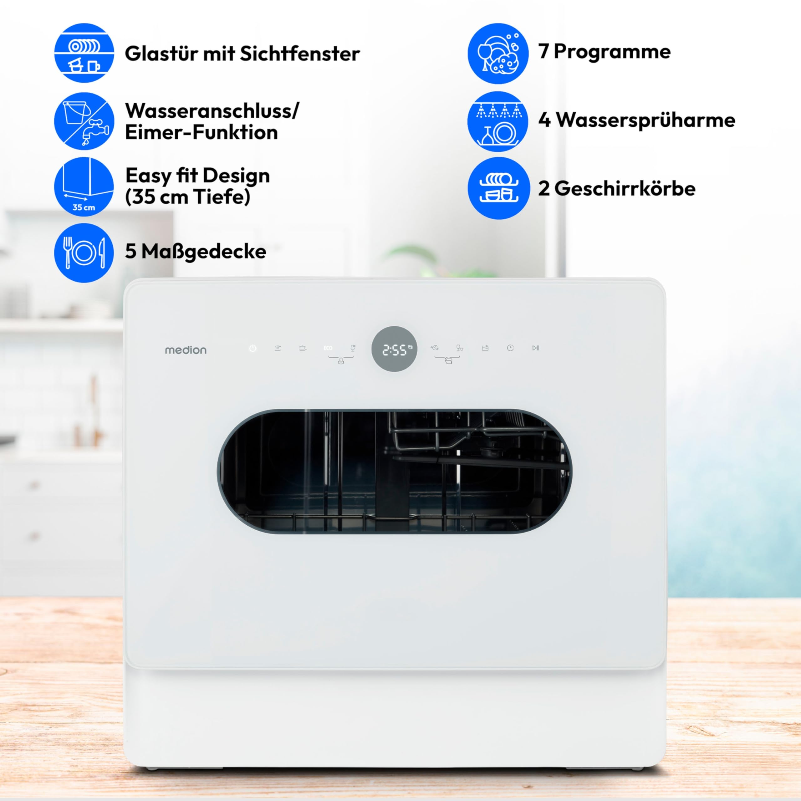 MEDION Mini Geschirrspüler DWT51 Tischgeschirrspüler mit Touch-Bedienfeld 5 Maßgedecke 7 Reinigungsprogramme weiß