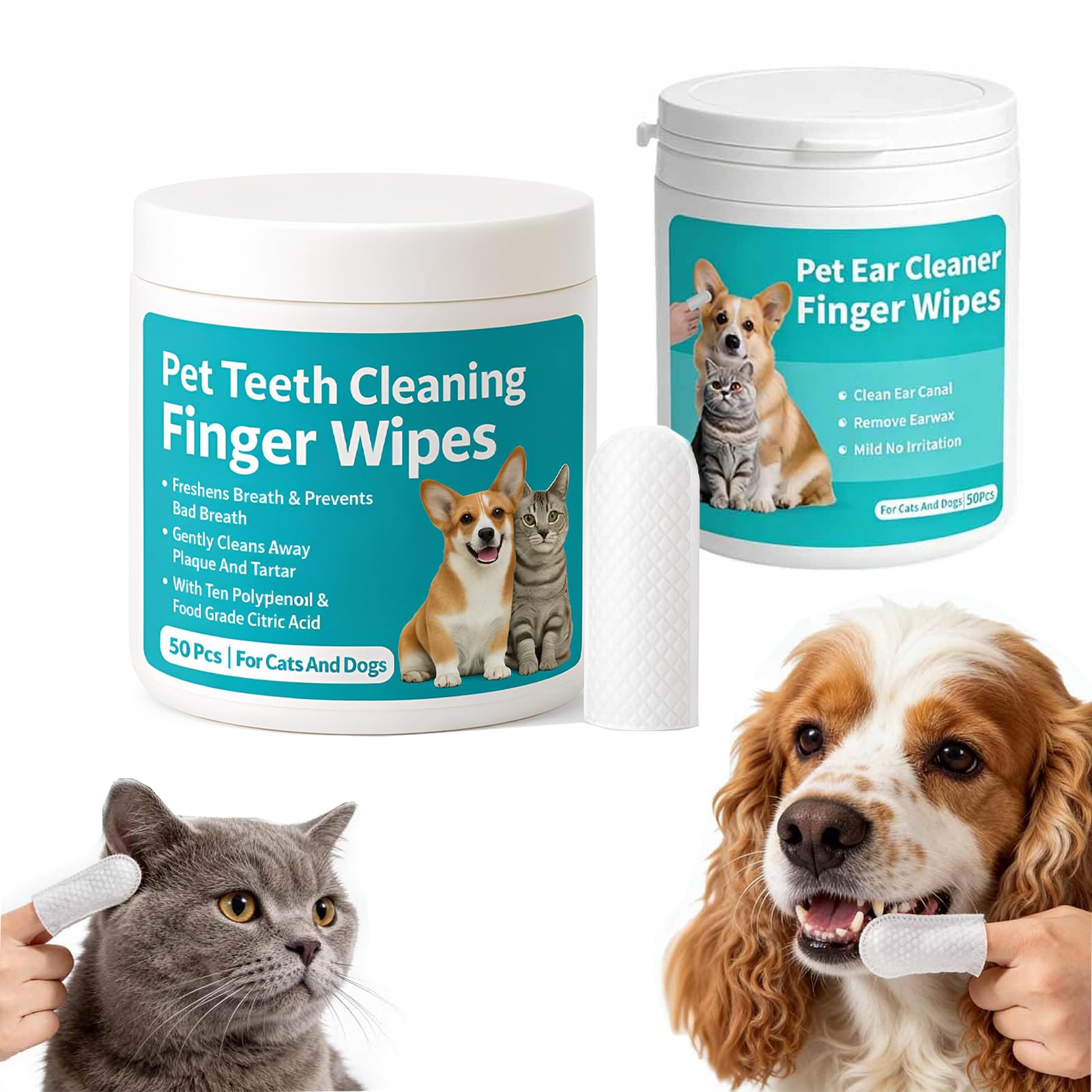 2026 New Natural Pet Dental Finger Wipes, Clean Teeth & Fresh Breath for Dogs & Cats, Dental Wipes, Natural Pet Oral Care, Plaque & Tartar Remover, Bad Breath Freshener (1cans+ear clean)