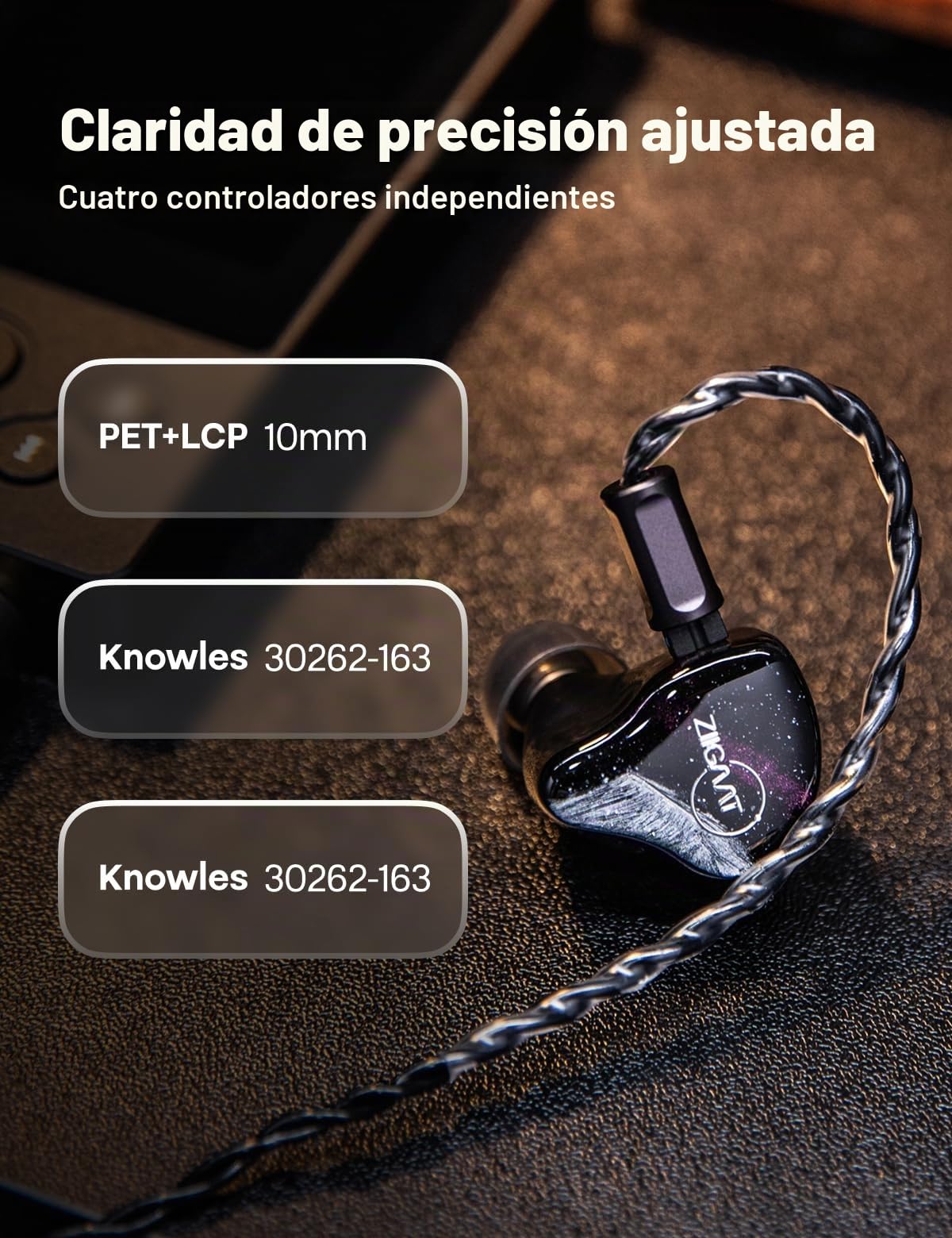 Linsoul ZiiGaat Crescent in Ear Monitor,Auriculares IEM Híbridos Premium 2DD+2BA,Graves Isobáricos,Sonido Analógico Vintage,Carcasa de Resina Impresa en 3D,con Cable Desmontable para Músicos/Estudio
