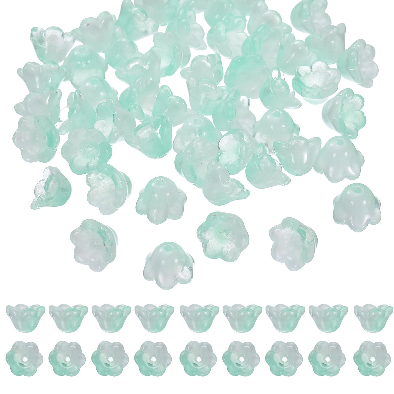 sourcing map 100 Pcs Glass Flower Beads for Jewelry Making, Glass Trumpet Flower Spacer Beads Floral Loose Bead Caps Charm for DIY Necklace Earrings Bracelets Crafts Supplies, Cyan