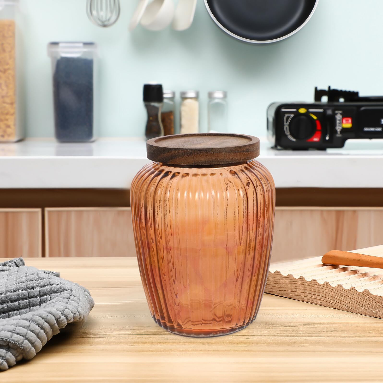 Barattolo Ermetico Contenitore in Vetro Trasparente da 2200ml con Coperchio in Legno di Acacia Versatile per Caffè e Snack, per Organizzare la Cucina di Casa