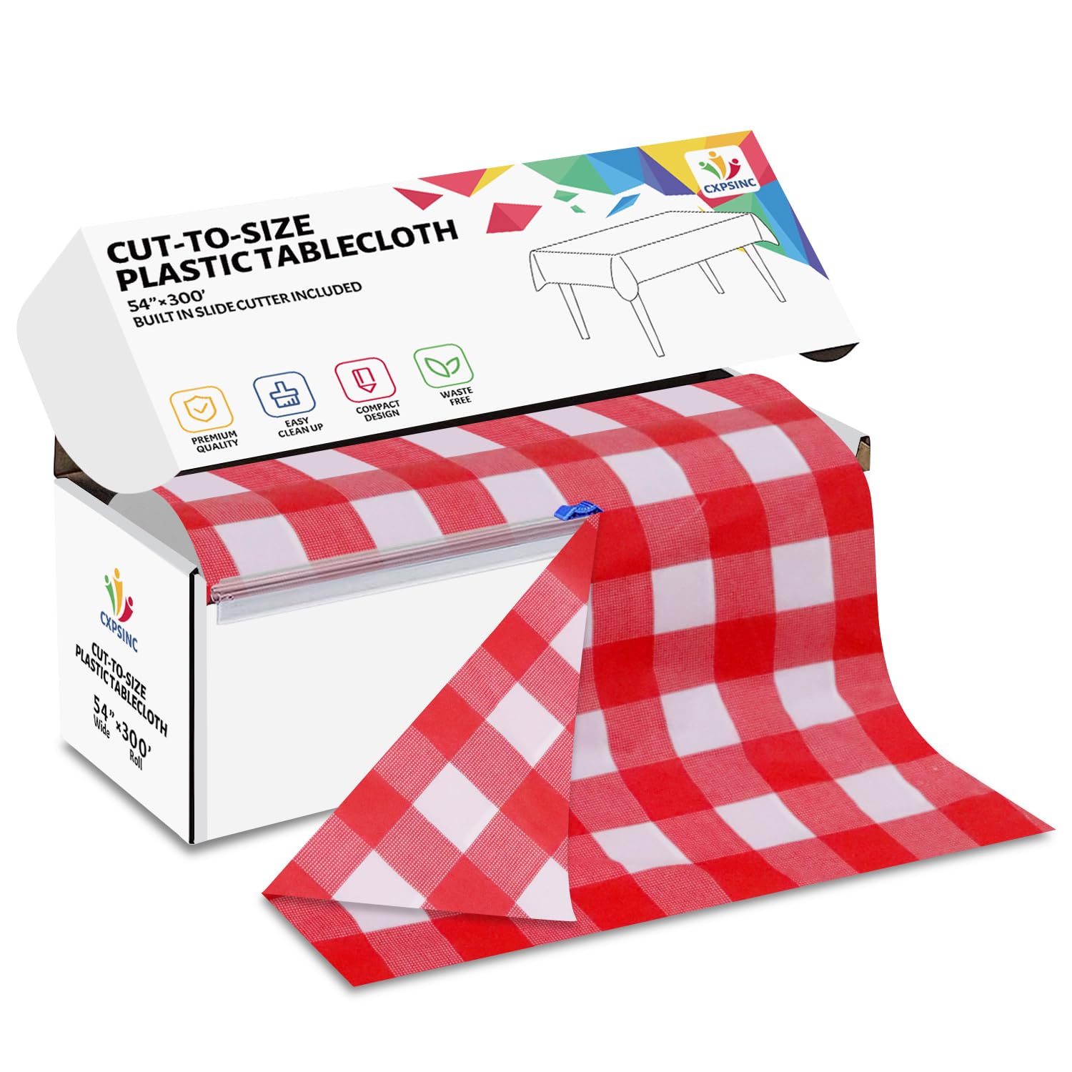 CXPSINC 54 Inch X 300 Feet Plastic Table Cover Roll Disposable Tablecloth with Slide Cutter for All Type/Shape Tables | Picnic, Party, Banquet, Birthdays, Weddings (Red Checkered, 300 Feet)