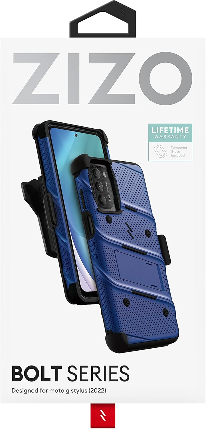 ZIZO Bolt Bundle for Moto g Stylus 2022 Case with Screen Protector Kickstand Holster Lanyard - Blue