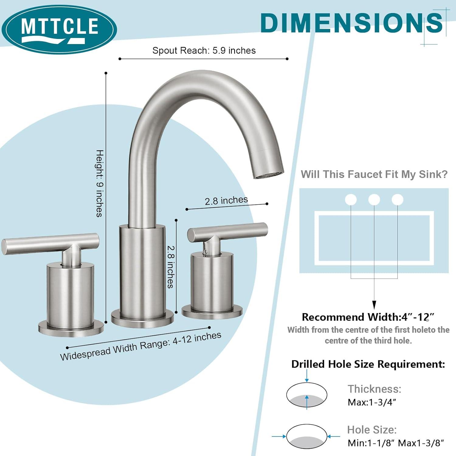 Brushed Nickel Bathroom Faucet 3 Hole, 8 Inch Widespread Bathroom Faucets with Pop-up Drain, 2 Handle Bathroom Sink Faucet, Modern Vanity Faucet for Bathroom Sink with 360° Swivel Spout