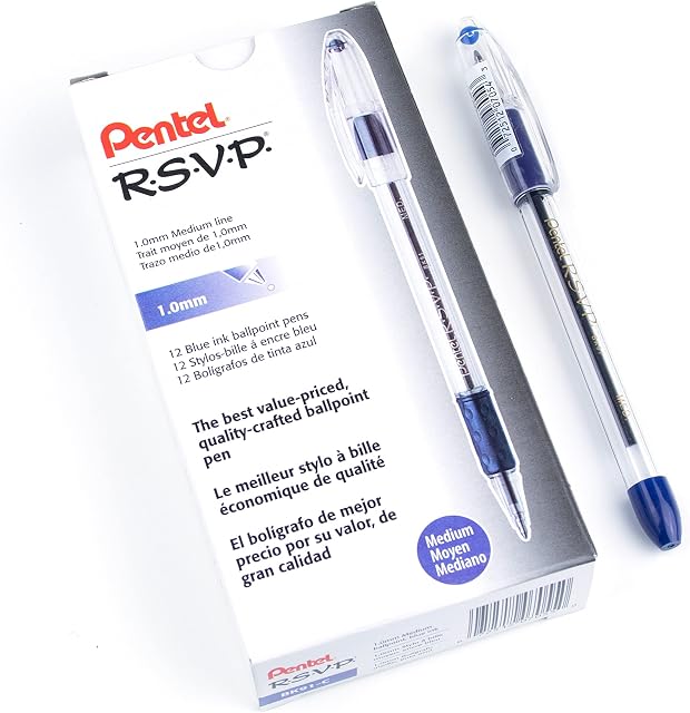 Pentel R.S.V.P. Stylo à bille, 1.0mm, Encre bleue, 12PK