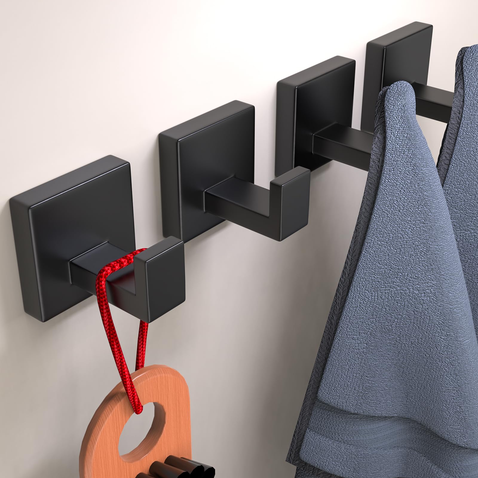 PMMASTO Towel Hooks, Bathroom Wall Mount Towel Holder, Coat Hook Robe Hook Stainless Steel Heavy Duty Door Hanger,Black Wall Hooks for Kitchen, Bedroom,Hotel,Pool (2PC, Black)