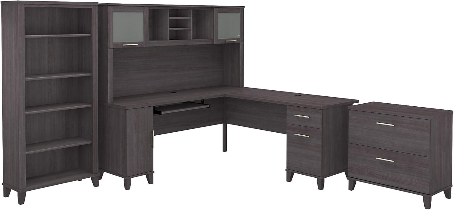 Bush Furniture Somerset 72W L Shaped Desk with Hutch, Lateral File Cabinet and Bookcase in Storm Gray | Computer Table for Home Office
