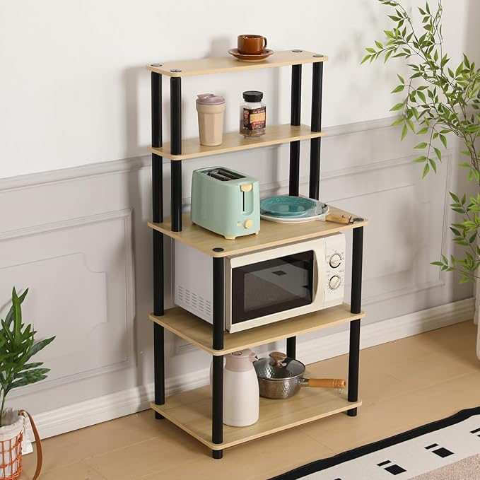 Lukzer 5 Layer Multipurpose Storage Rack Heavy Duty Metal and Wood Kitchen Organizer Microwave Oven Stand Black Oak Light
