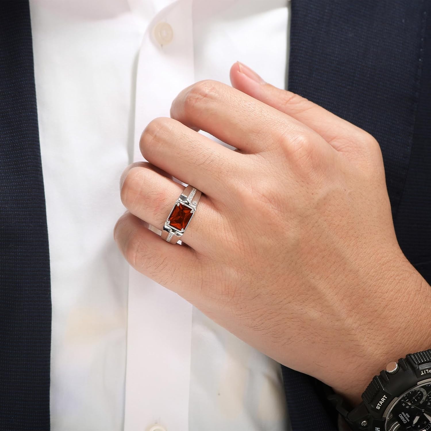 Sapphire Ring 925 Sterling Silver Mens Wedding Band Pave 5A Cubic Zirconia Round Cut Blue Gemstone Promise Ring For Him Size 7-14 - Image 2