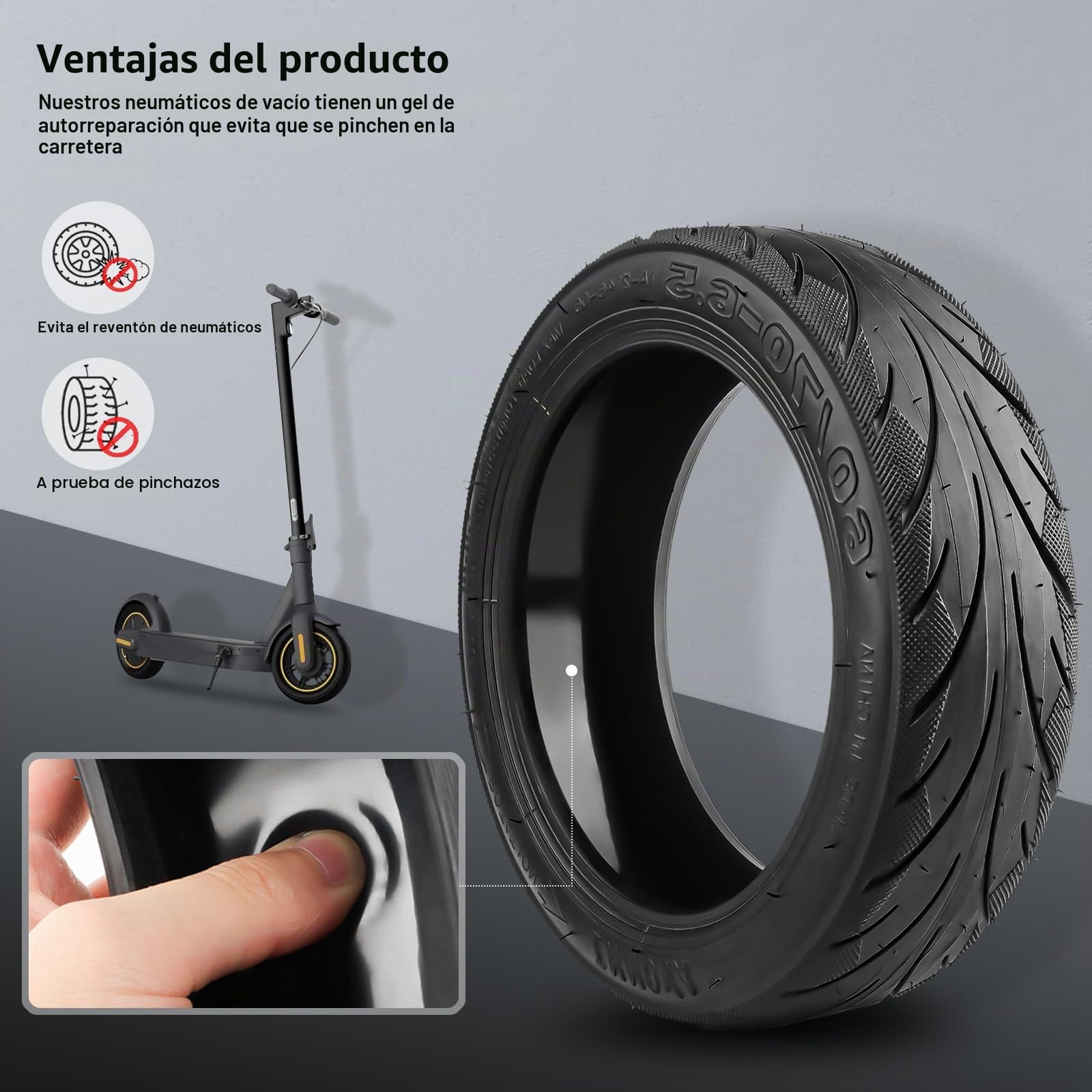 60/70-6.5 Ruedas de Caucho Autorreparables para Ninebot Max G30 Patinete Eléctrico, Neumático de Vacío con Válvula, 10 Pulgadas Tubeless Rueda con Resistente al Desgaste y Antiperforación