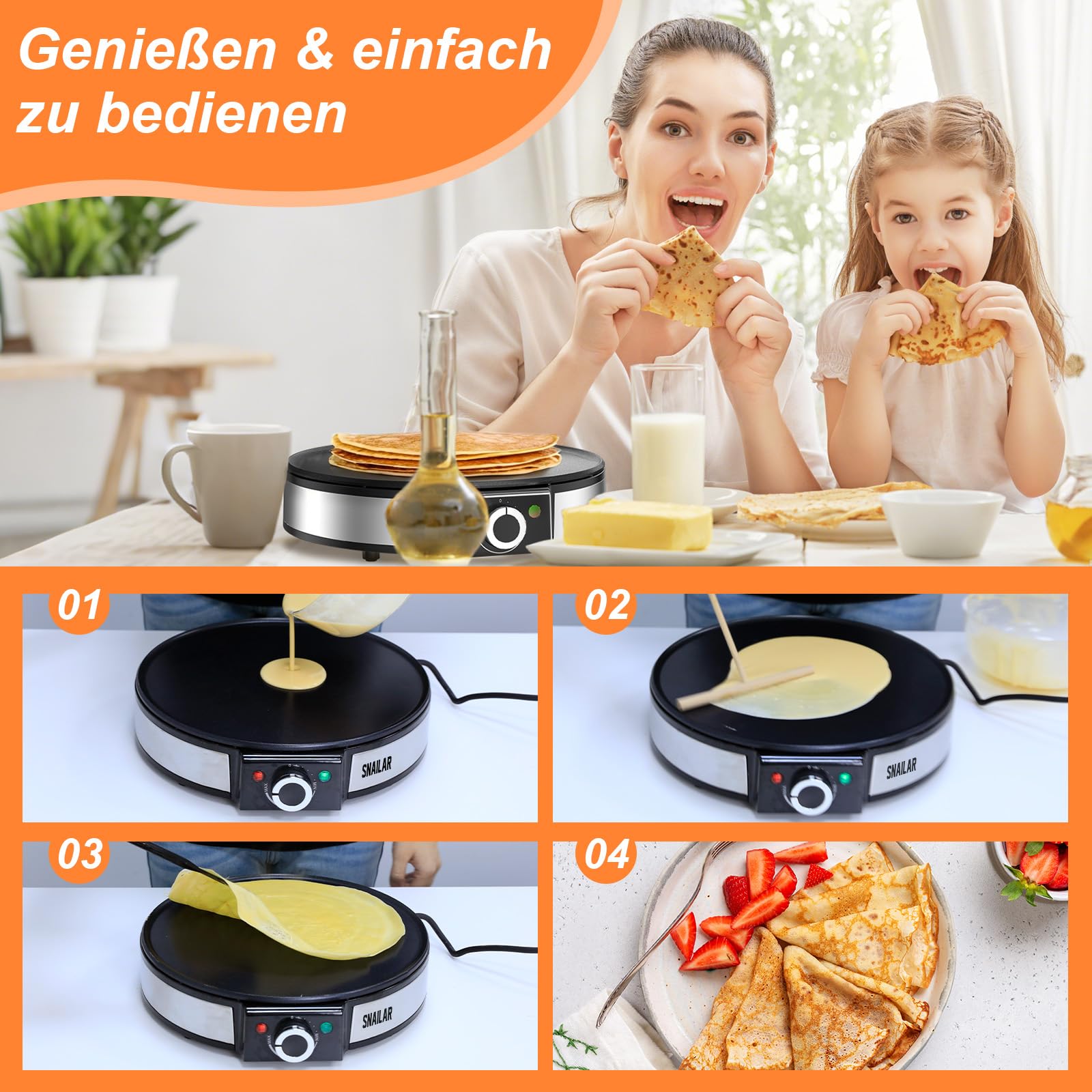 SNAILAR Crêpes Maker, Elektrische Crepesmaker 1200 W, Heizfläche mit Ø 30 cm, Antihaftbeschichtung, Stufenlose Temperatureinstellung, mit Teigteiler und Spatel, Für Crepes, Pancakes und Taccos