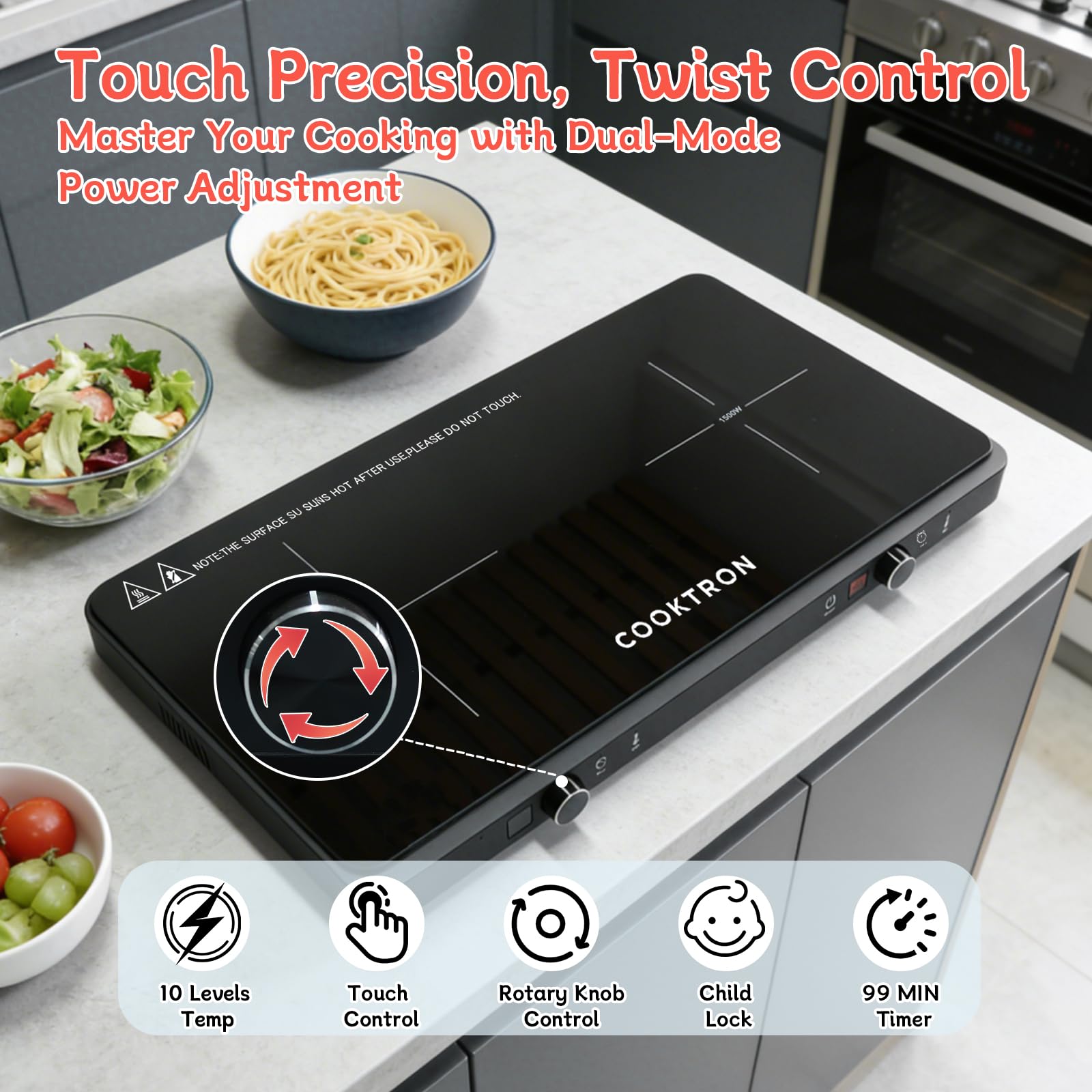 COOKTRON Płyta indukcyjna 2 płyty 3500 W, płyta indukcyjna podwójna, wolnostojąca, 10 poziomów mocy, przycisk dotykowy i obrotowy, timer 99 min, mobilna do kuchni i na kemping
