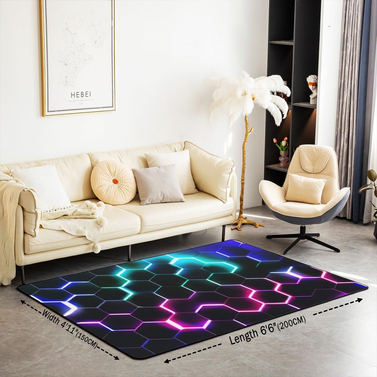 Colorful Neon Light Plaid Area Rug 3'x5' Black Geometric Patchwork Hexagon Decor Non Slip Rug for Teens Adults Modern Abstarct Grid Simple Style Indoor Floor Mat for Housewarming