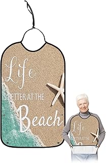 QueenKer Funny Adult Bibs for Eating, Summer LIFE IS BETTER AT THE BEACH Waterproof Clothing Protector Washable Adult Bib with Crumb Catcher for Men Women Elderl and Seniors