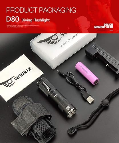 Miniatura 5 de Wbwissblue D80 1800 lúmenes buceo táctico flashligh, 393.7 ft subacuático buceo luces de seguridad, linterna LED recargable paquete de caja de