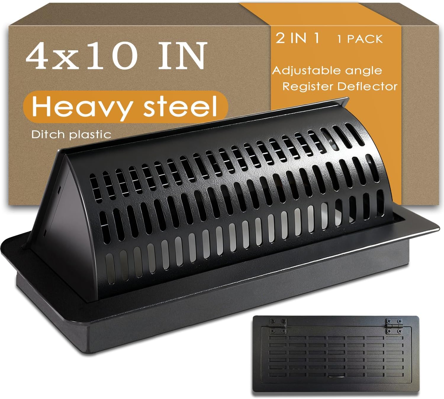 4x10 Floor Register with Vent Deflector, Heavy Duty Steel 2-in-1 Air Vent Cover, Adjustable Draft-Free Airflow, Tool-Free Drop-in Installation, Black