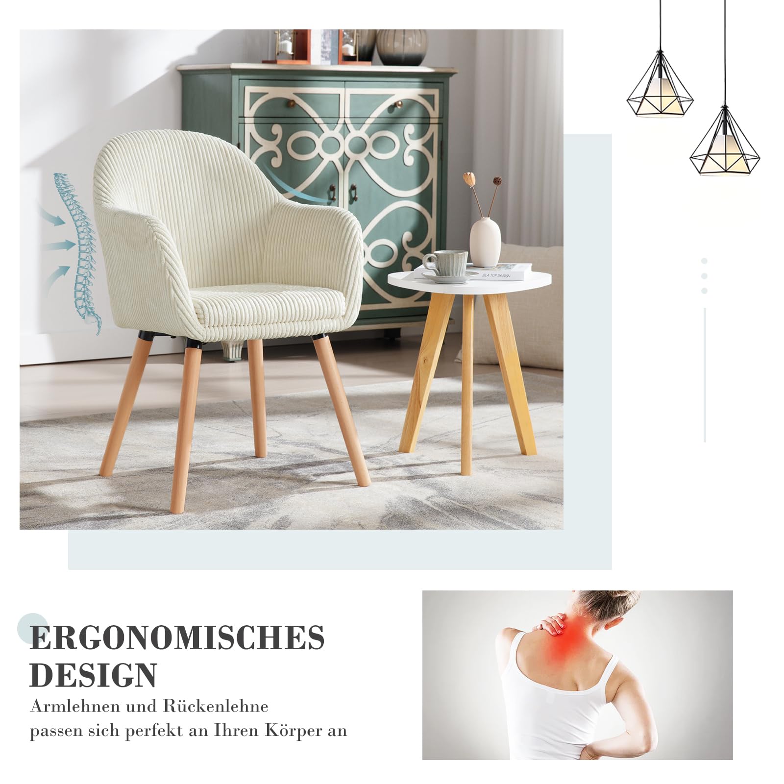 WOLTU Esszimmerstühle 2er Set, für Schlafzimmer Küche Wohnzimmer, Küchenstühle gepolstert Modern, mit Armlehnen, Massivholzbeinen, Sitzfläche aus Cord, Cremeweiß