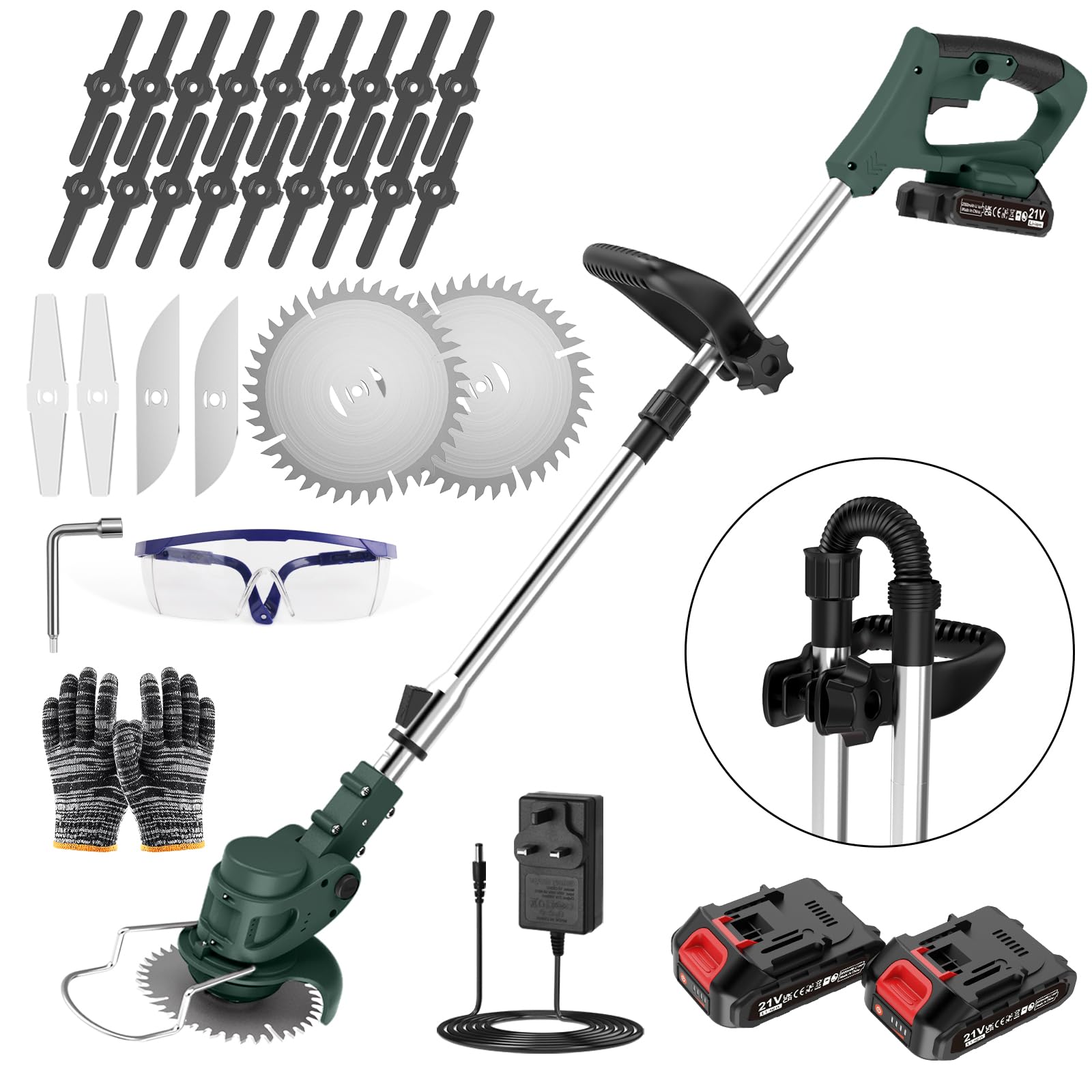 Cordless Strimmer with 2 x 21V 2000mAh Battery and 4 Blade System, Garden Strimmer with Adjustable Telescopic Shaft and Foldable Design, Grass Trimmer for Lawn, Bushes and Yard - Grass Green
