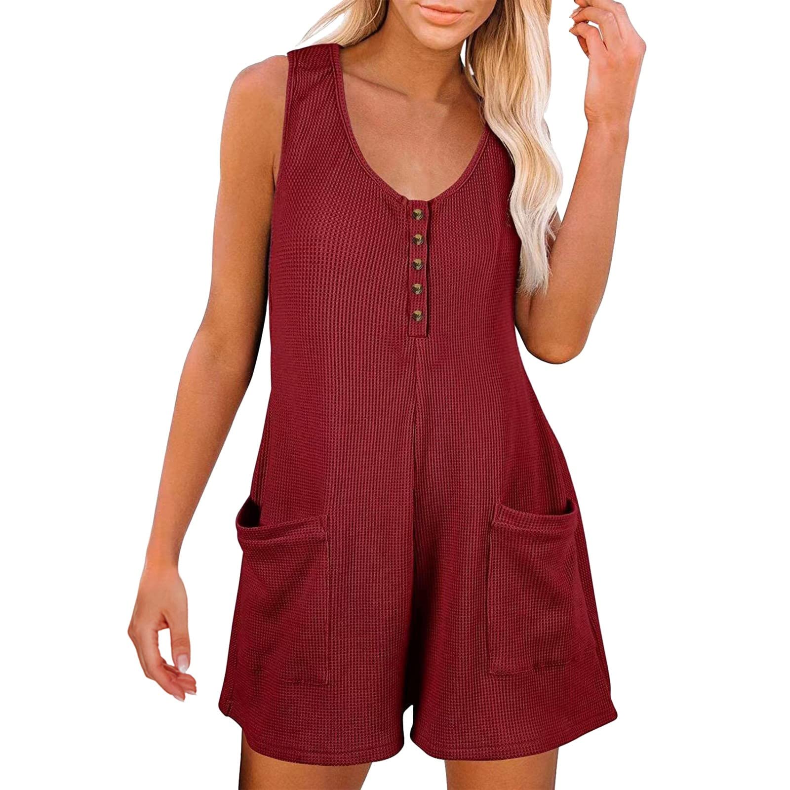 OBiQuzz Mono para mujer, corto, sin mangas, de verano, elegante, peto, con botones, cuello redondo, pelele con bolsillos, pantalones cortos de verano, mono de trabajo, tallas S-XL