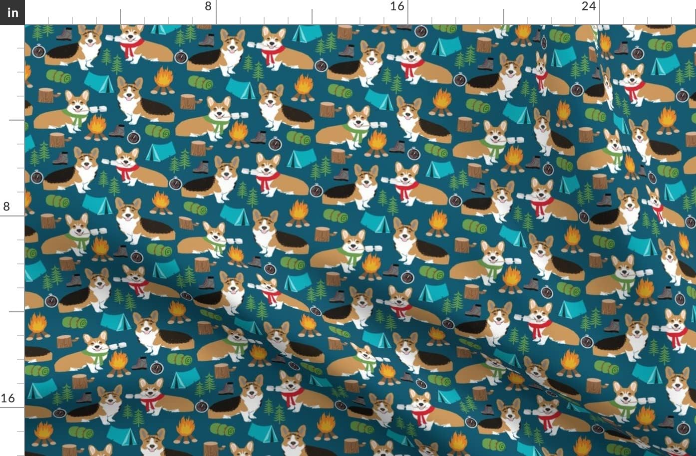 Spoonflower Fabric - Corgi Camping Aspen Campfire Dogs Breeds Navy Corgis Welsh Printed on Organic Cotton Sateen Fabric by The Yard - Sewing Quilting Apparel Home Decor