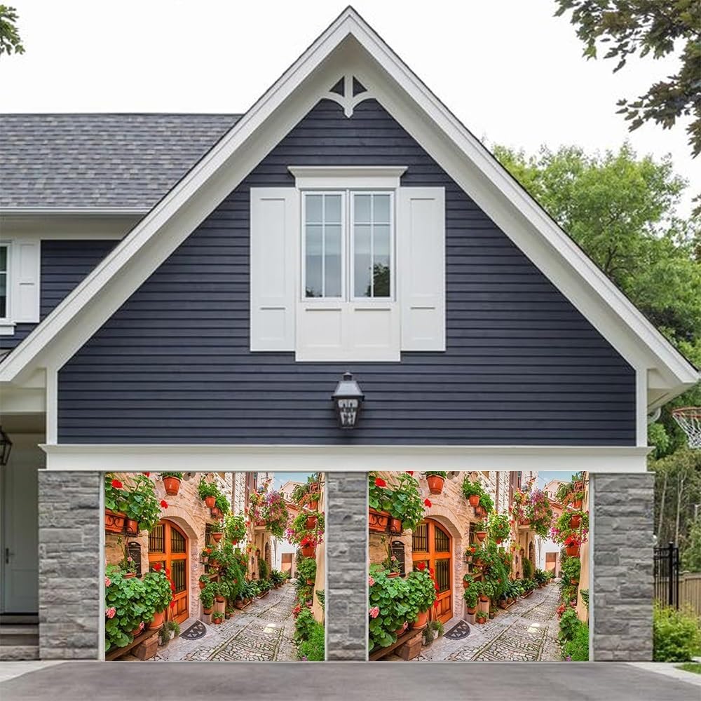 Leyiyi 7x8ft Italian Town Street Ally Garage Door Decoration Spring Flowers Blossom Medieval Architecture Europe Theme Garage Door Backdrop for Indoor Outdoor Summer Holiday Travel Party Supplies
