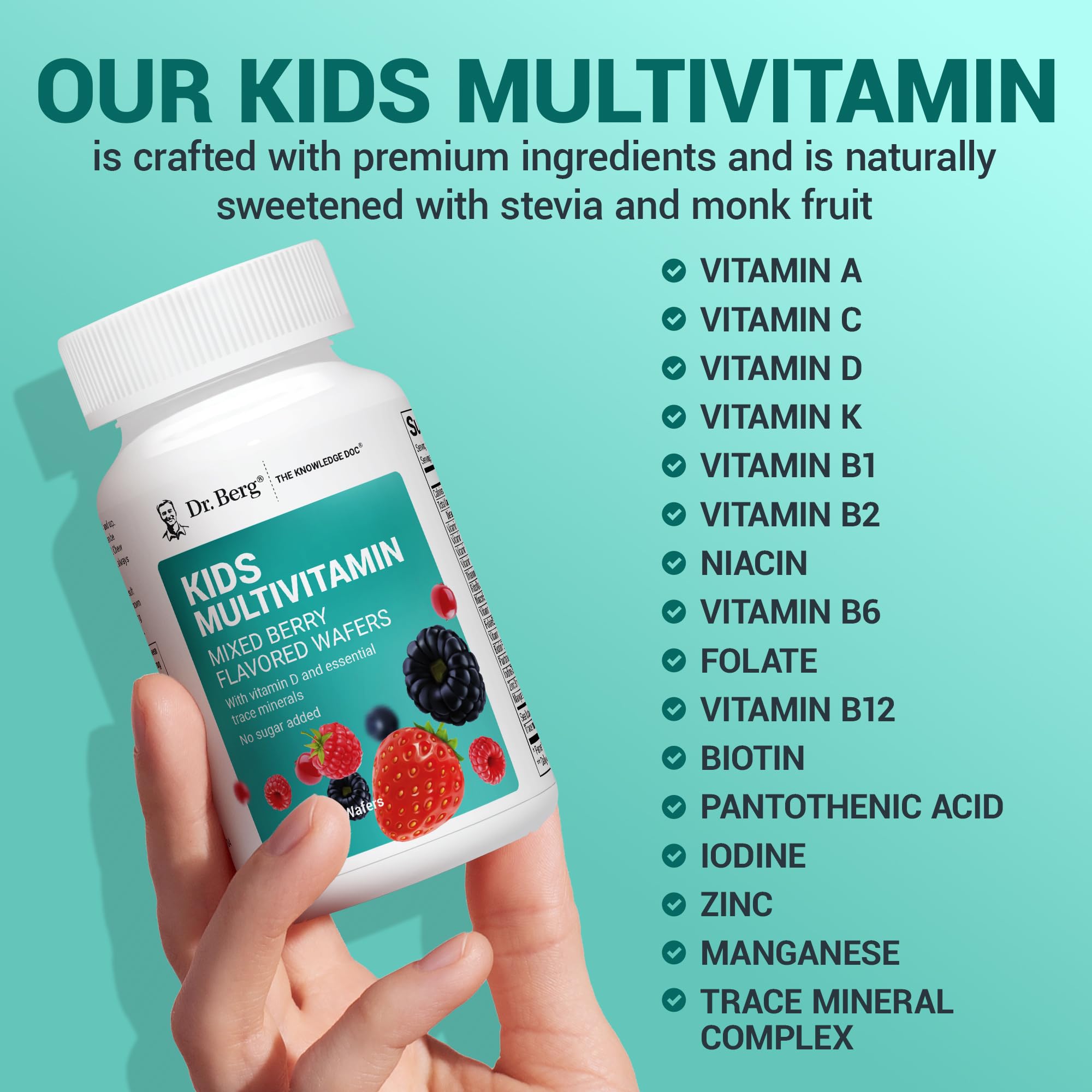 Dr. Berg Kids Chewable Multivitamins (NOT Sweetened w/Sugar) - Daily Multivitamin for Kids that Includes 20 Nutrients & Trace Mineral Complex - Mixed Berry Chewable Vitamins for Kid - Red Wafers — Amazon image 5