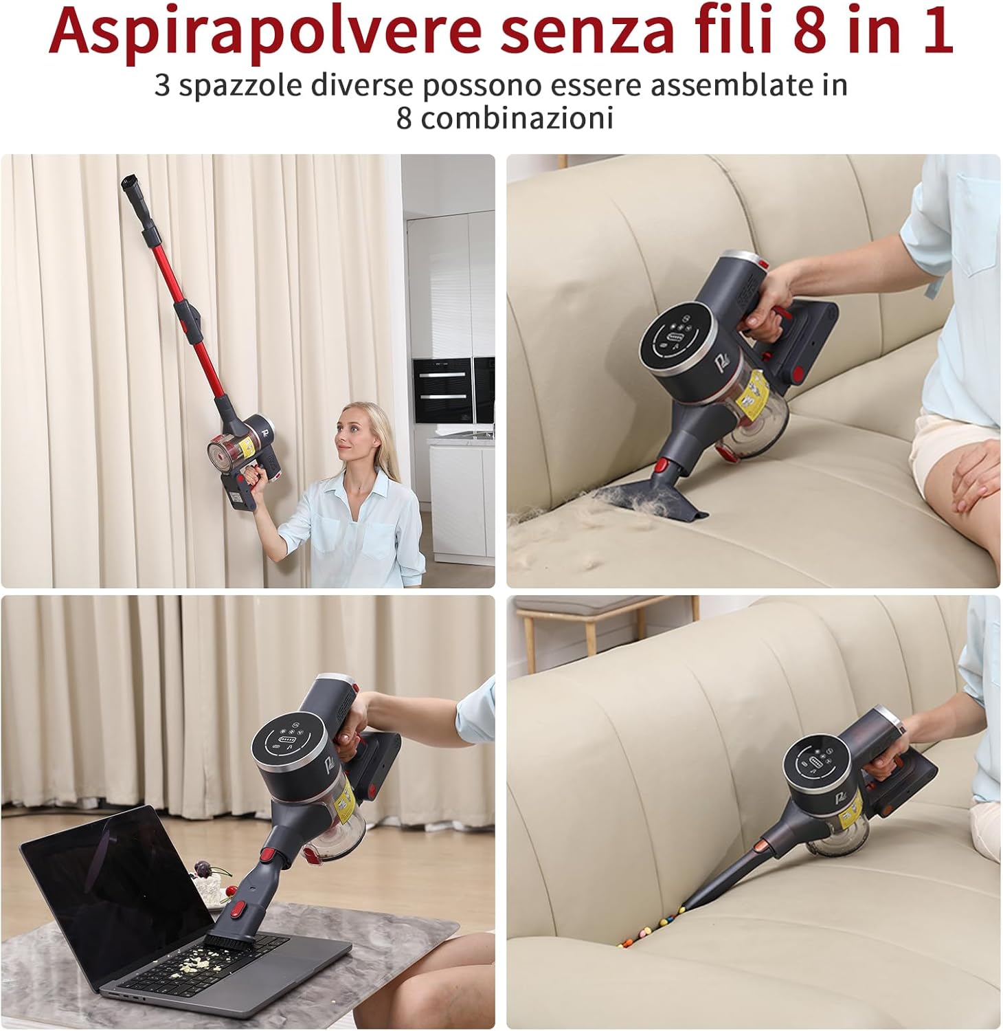 Various uses of the 8-in-1 vacuum cleaner, including floor, sofa, and keyboard cleaning