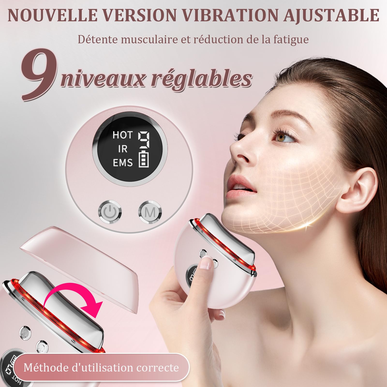 Appareil Anti Rides Massage Visage: Masseur Lifting Visage avec 9 Niveaux de Réglage et 4 Modes - Gua Sha Électrique EMS Massage Thermique à 45℃ - Appareil de Beauté Double Menton avec 3 LED Couleurs