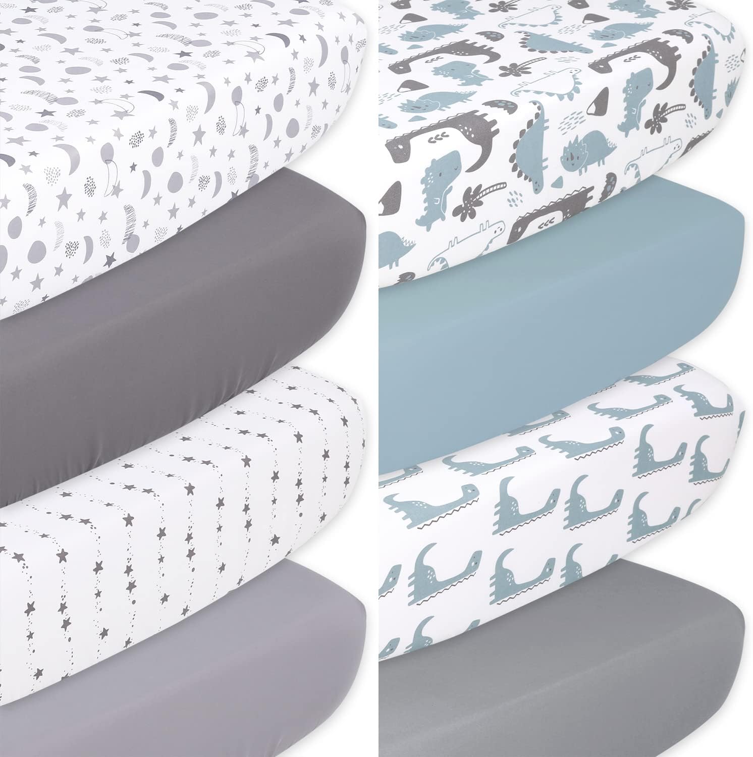 The Peanutshell Celestial Stars and Dinosaur Fitted Crib Sheets | Unisex 8 Pack | Grey, Blue, White