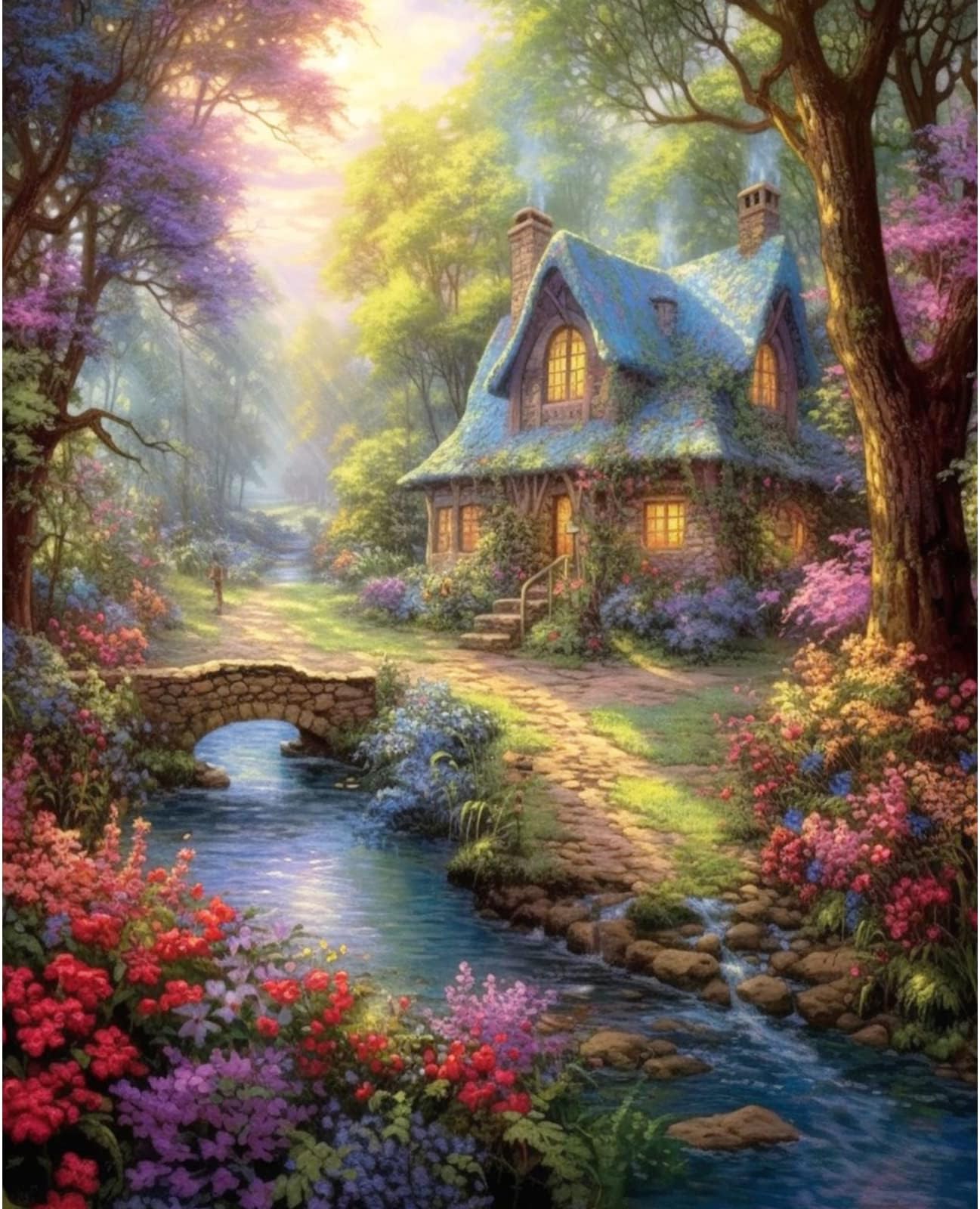 Tucocoo Flowers House Paint by Number for Adults, DIY Digital Oil Painting Kits on Canvas with Brushes and Acrylic Pigment Stream Forest Landscapes Picture for Home Decor Gifts 16x20inch (Frameless)