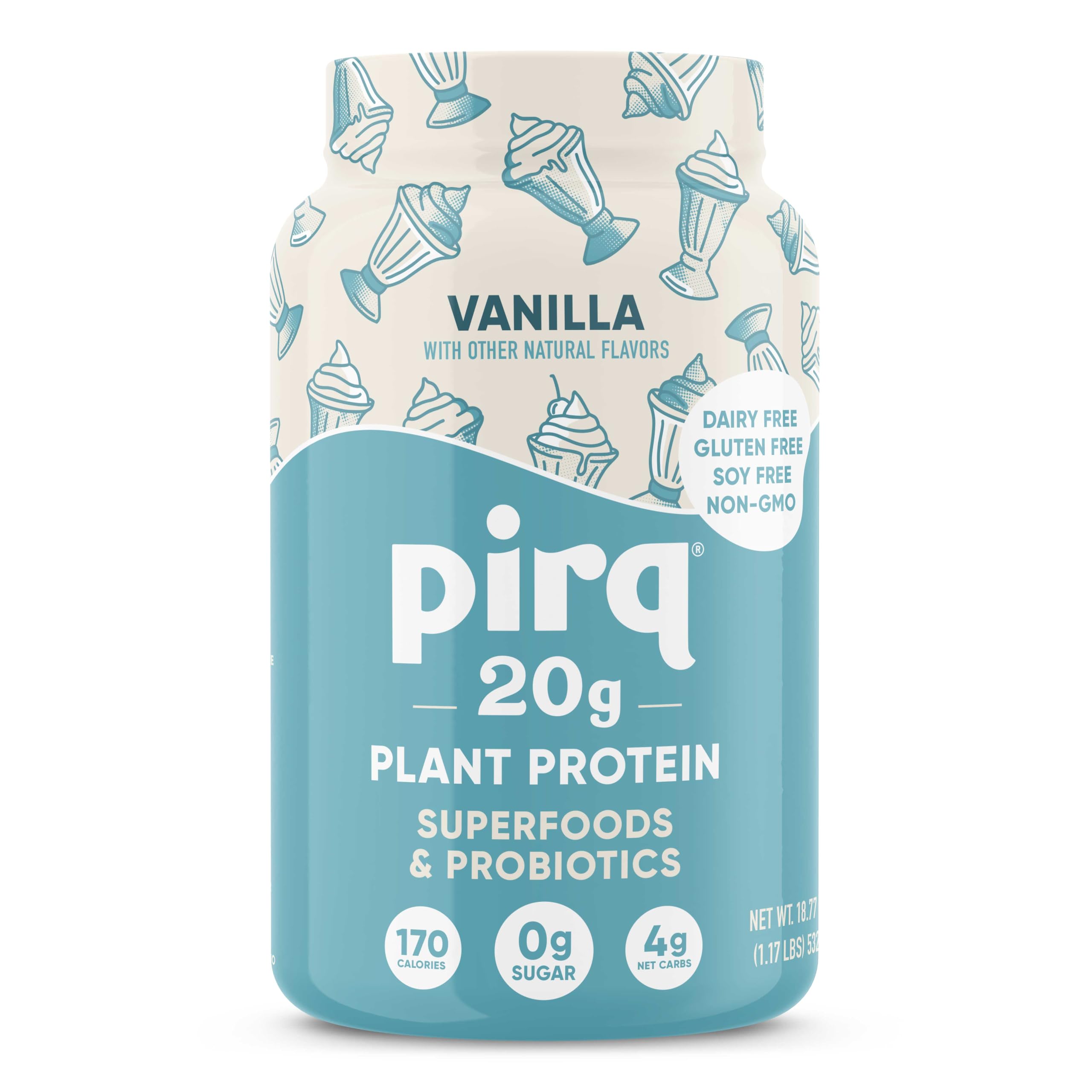 Pirq Dairy Free Protein Powder with 20g Protein, 2B CFU Probiotics, 25 Superfoods Greens and Fruits, Vegan, 0g Sugar (14 Servings) (Vanilla)