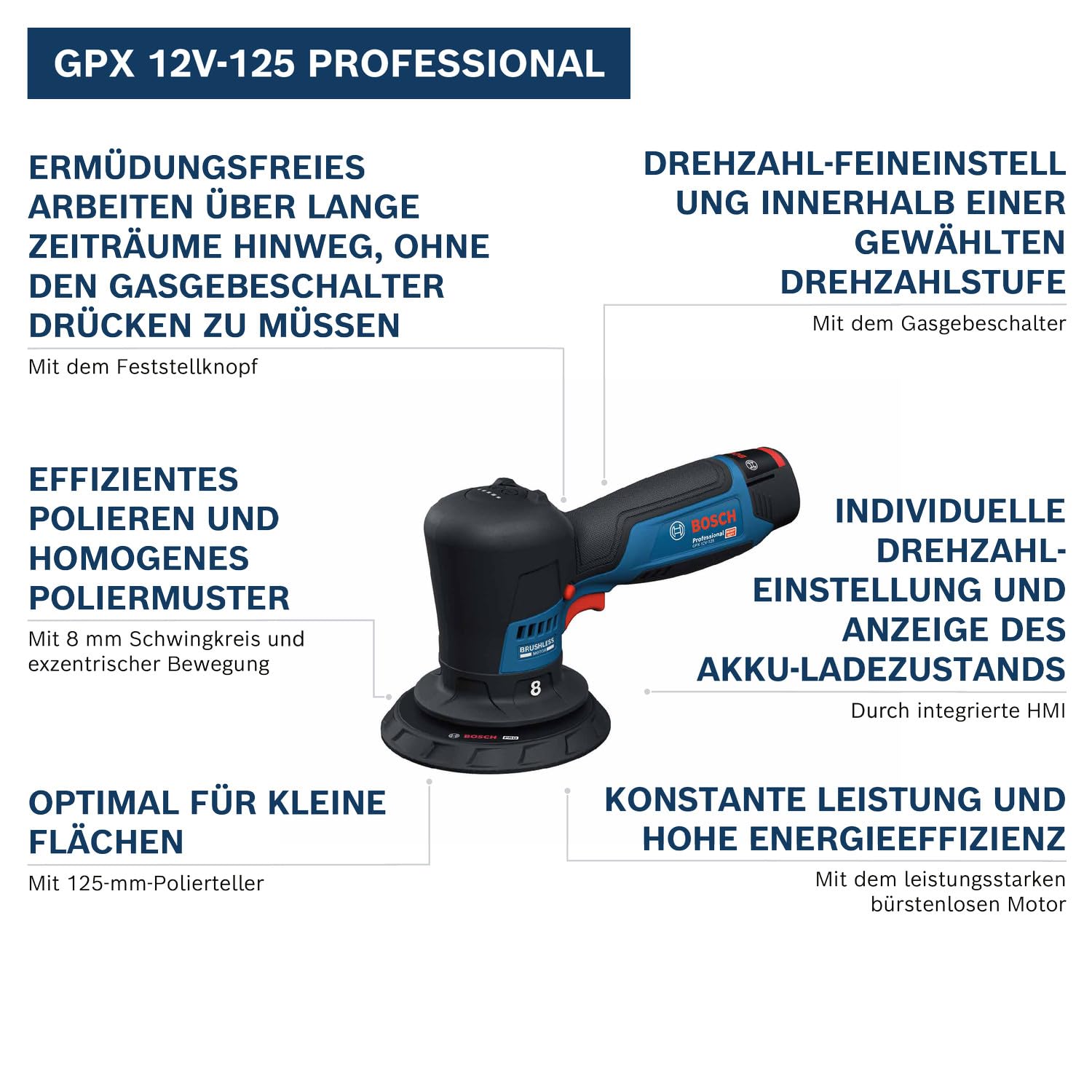 Bosch Professional 12V System Akku-Polierer GPX 12V-125 (inkl. Baretool mit montiertem 125 mm Klett-Stützteller, 125 mm Polier- und Scheuerschwamm)