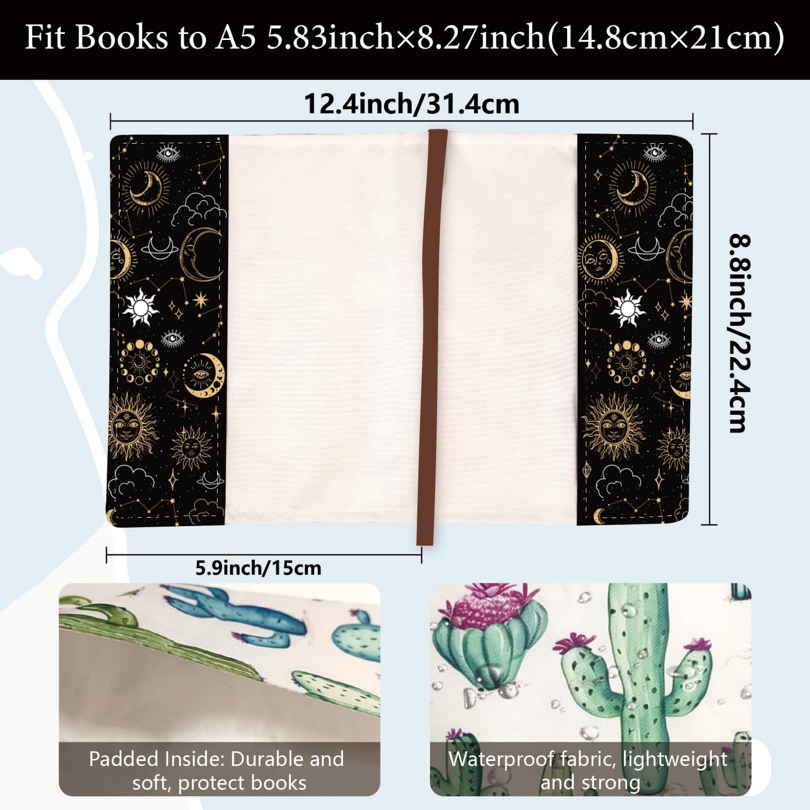 CRASPIRE A5 Book Sleeve Covers Book Sleeve Reusable for Paperback Hardcover 12.4x8.8Inch Book Protector Sun Moon Stars Book Sox Textbook Jackets for School Supplies Label Strap - Image 2