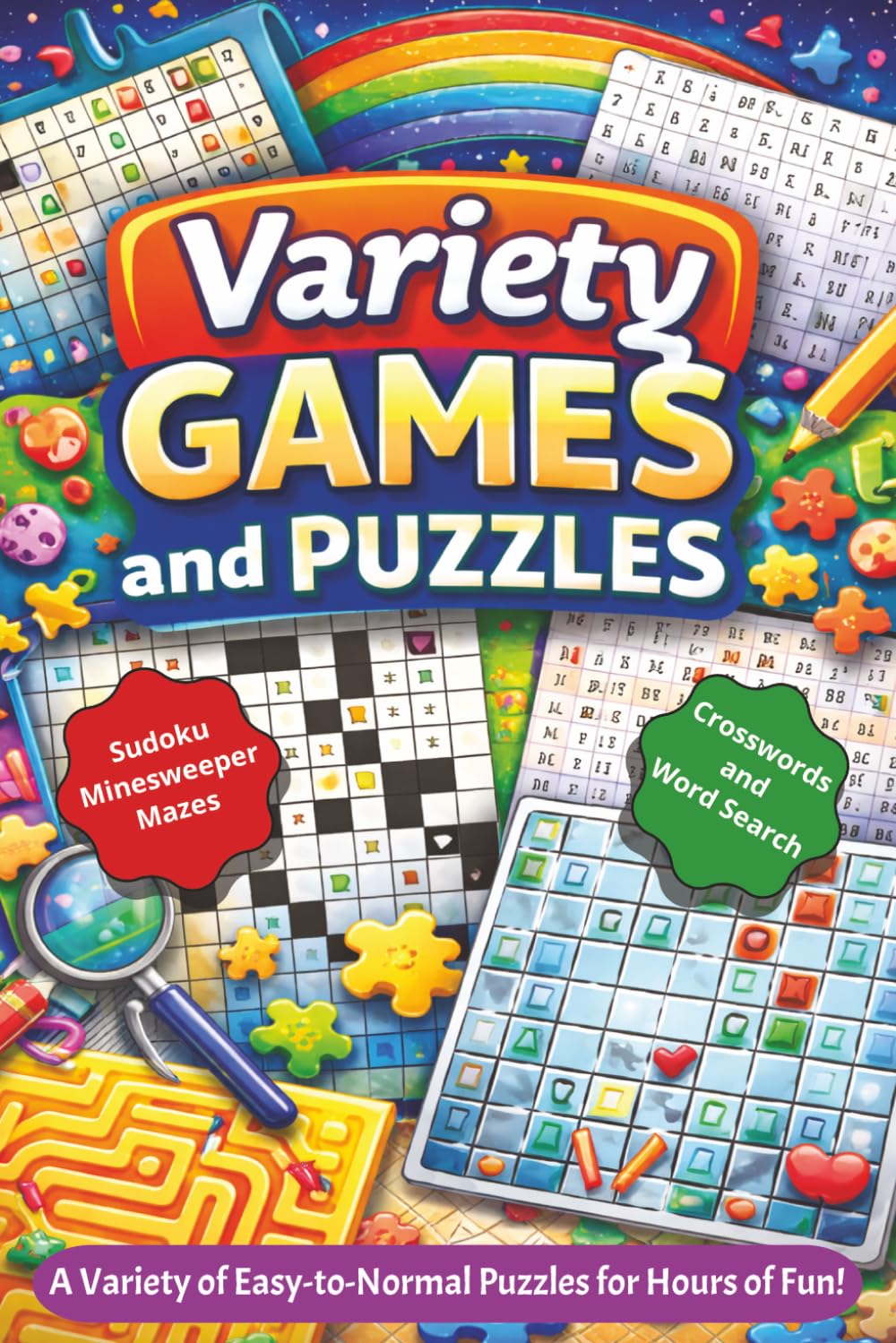 Variety Games & Puzzles - Minesweeper, Sudoku, Word Search, Crosswords, and Mazes: Easy-to-Read Puzzles | 6x9 inches | Lots of puzzles! Ideal for rides, traveling, or as a stocking stuffer