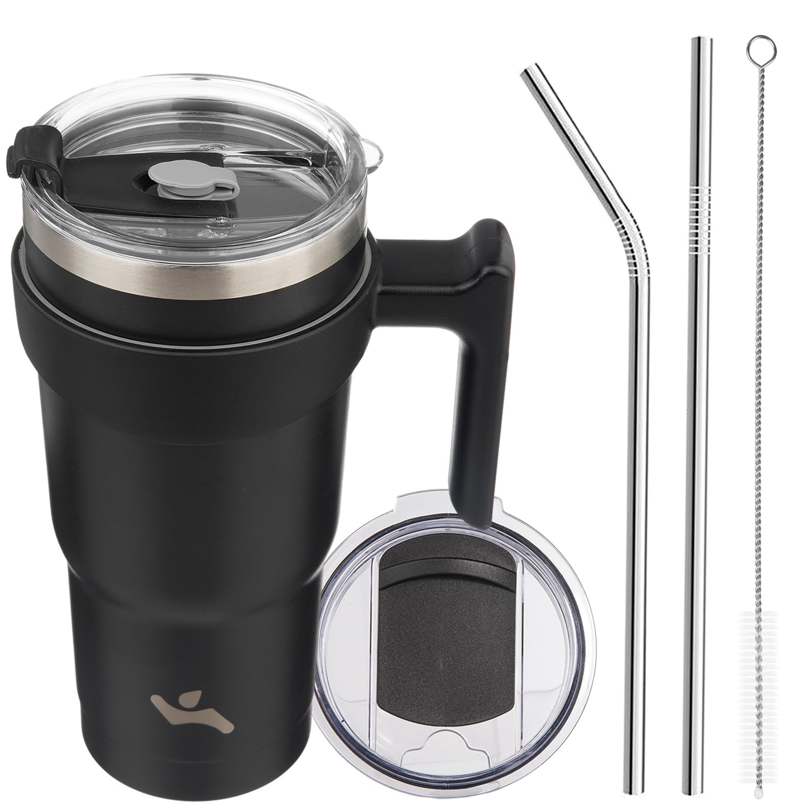 20 oz Tumbler with Handle and 2 Straw 2 Lid, Insulated Water Bottle Stainless Steel Vacuum Cup Reusable Travel Mug,Black