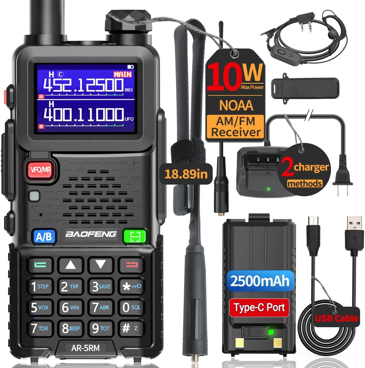 Radio 5RM 10W Ham Radio Long Range AR-5RM Two Way Radio NOAA Weather Receiver Rechargeable Walkie Talkies UV5R DTMF Copy Frequency 999CH with USB Charging 18.89" Tactical Antenna