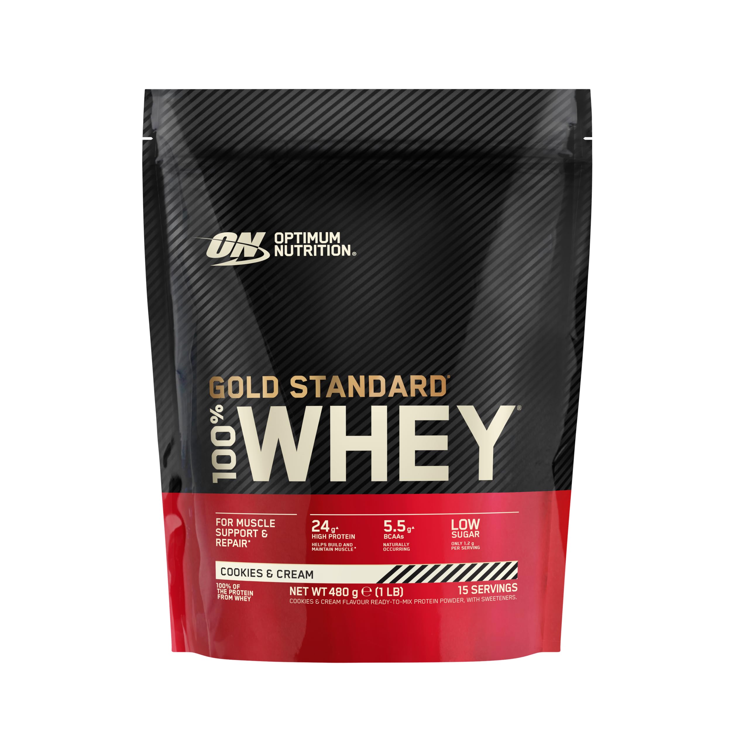 ON Gold Standard 100% Whey pour soutien et réparation musculaire, faible en sucre, riche en protéines avec glutamine et BCAA naturels, saveur cookies & cream, 15 portions, 480g