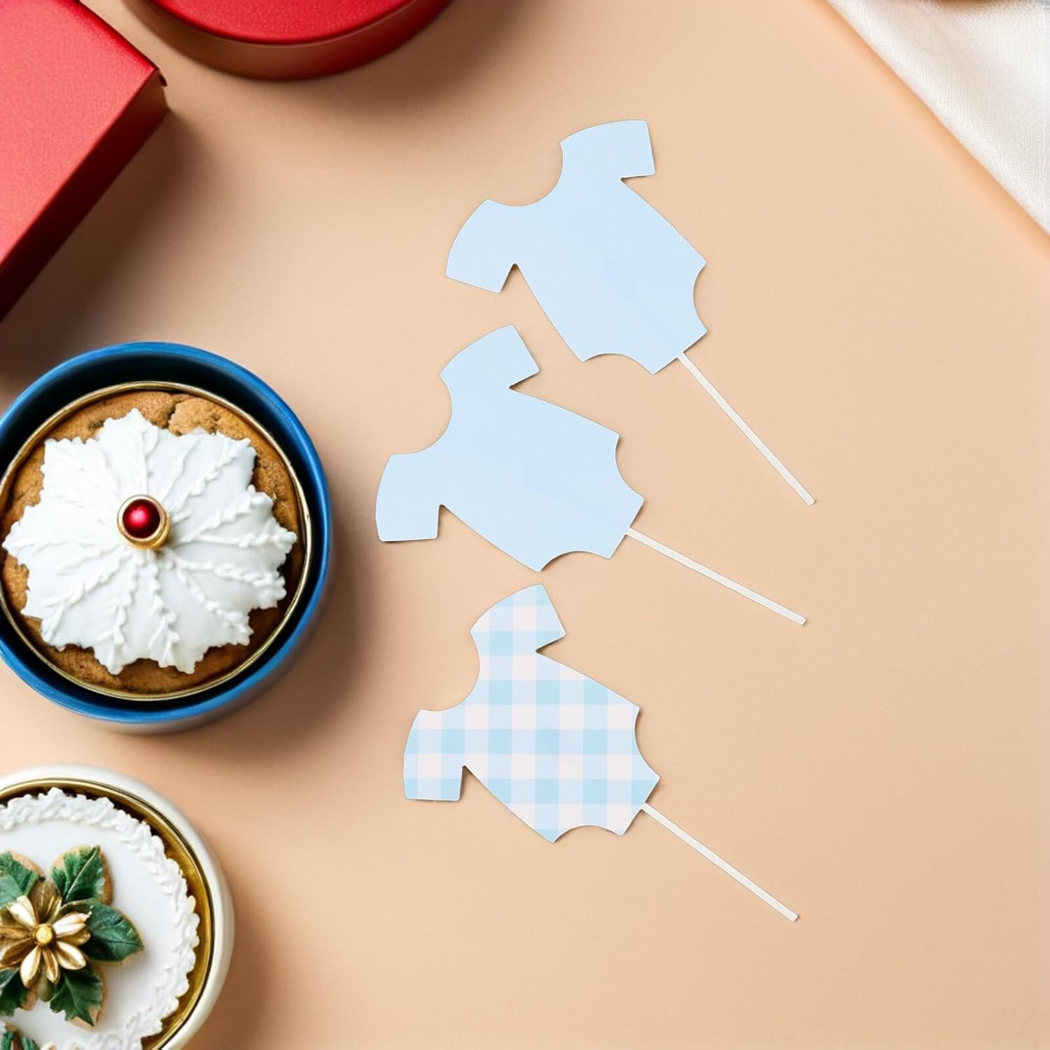 Blue Bodysuit Double Sided Cupcake Toppers for Shower Boy, 96pcs Cake Decoration Picks with Blue Plaid Insert Cards, Non-edible Party Supplies for Birthday and Shower Celebrations