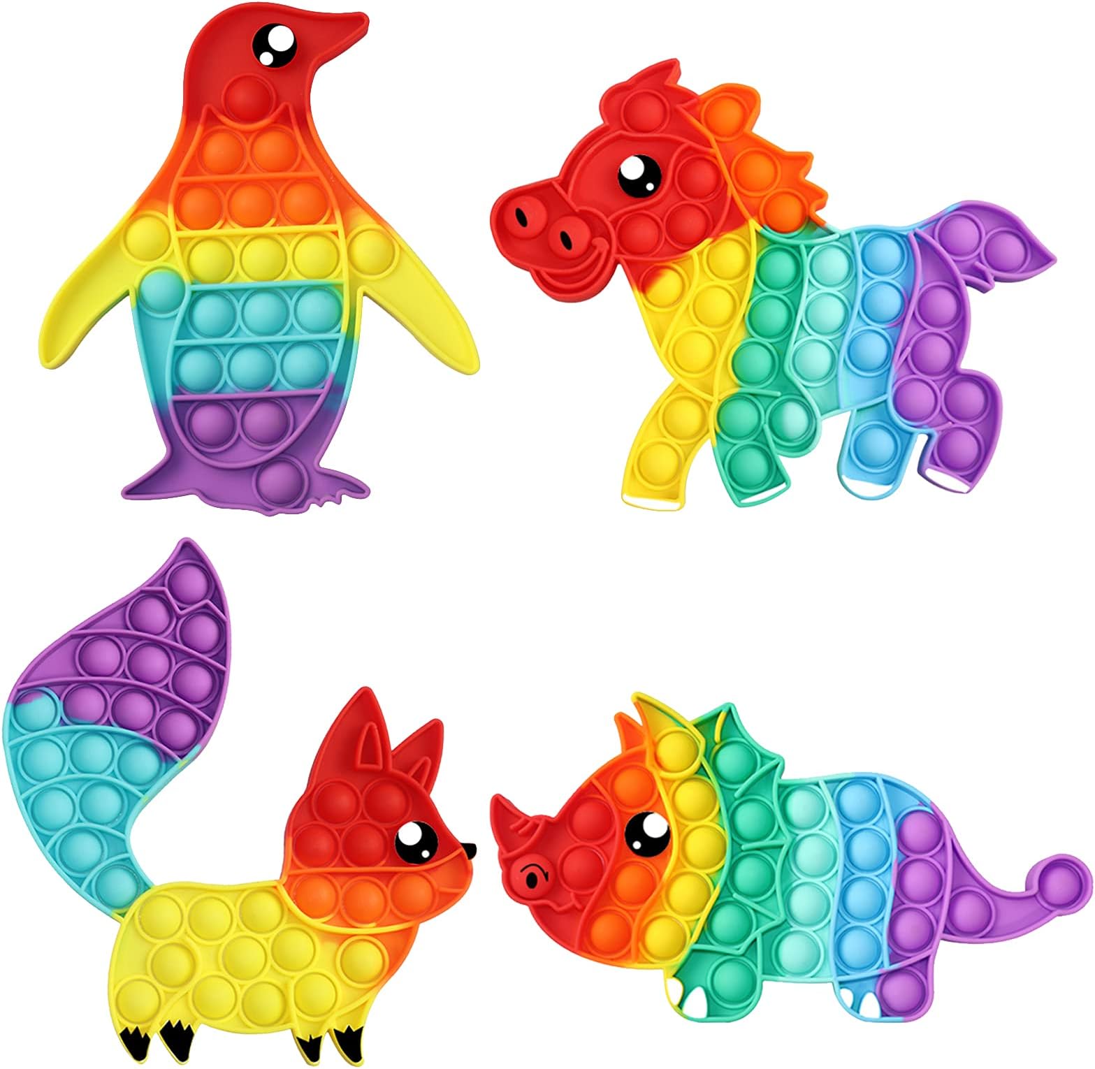 Rainbow Push it Pop Bubble Fidget Toys 4 Pack, STEM Pop its Fox/Penguin/Horse/Triceratops Board Game Gift for Kids/Adult Classroom Rewards, Birthday Party Favor Valentine Day Christimas Stuffers