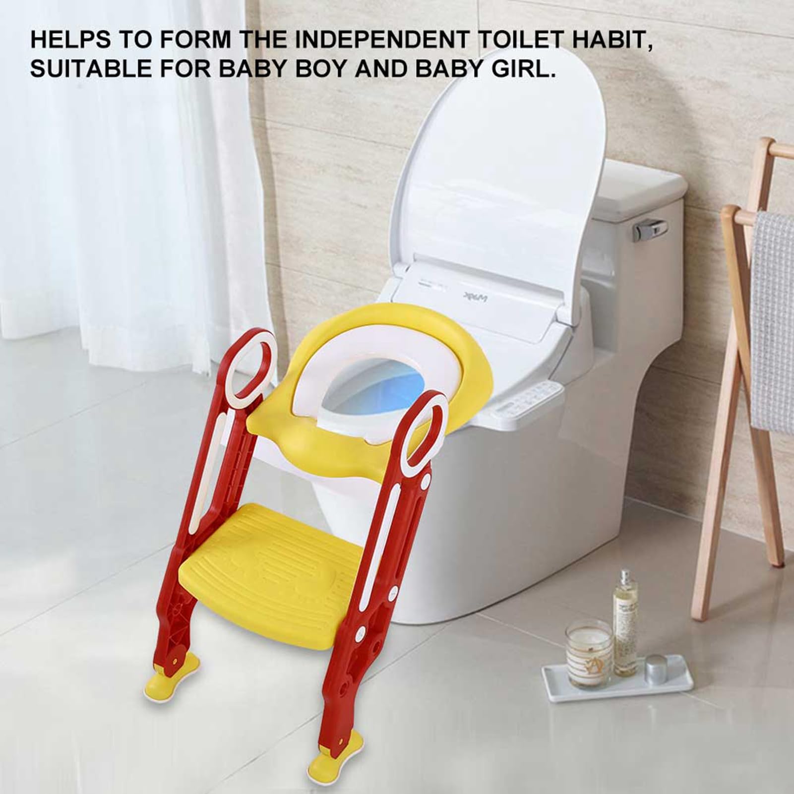 Silla de baño para bebé ajustable, asiento de aprendizaje plegable con doble apoyabrazos de poliuretano, cojín antideslizante, para niños y niñas
